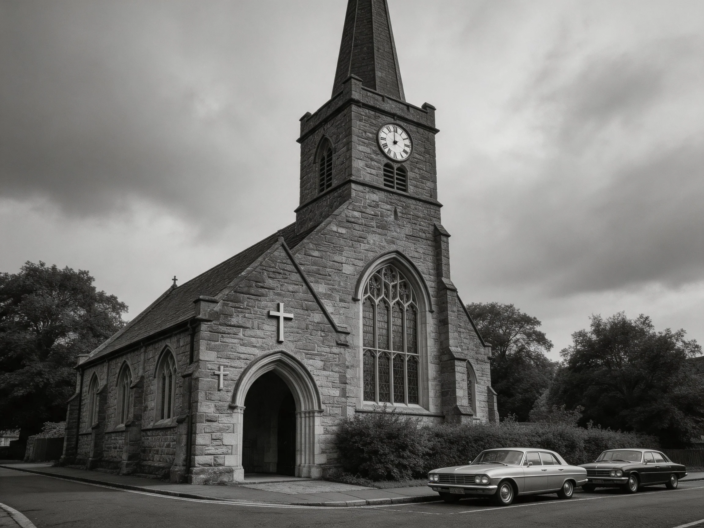 An old stone church with clock tower beside parked cars