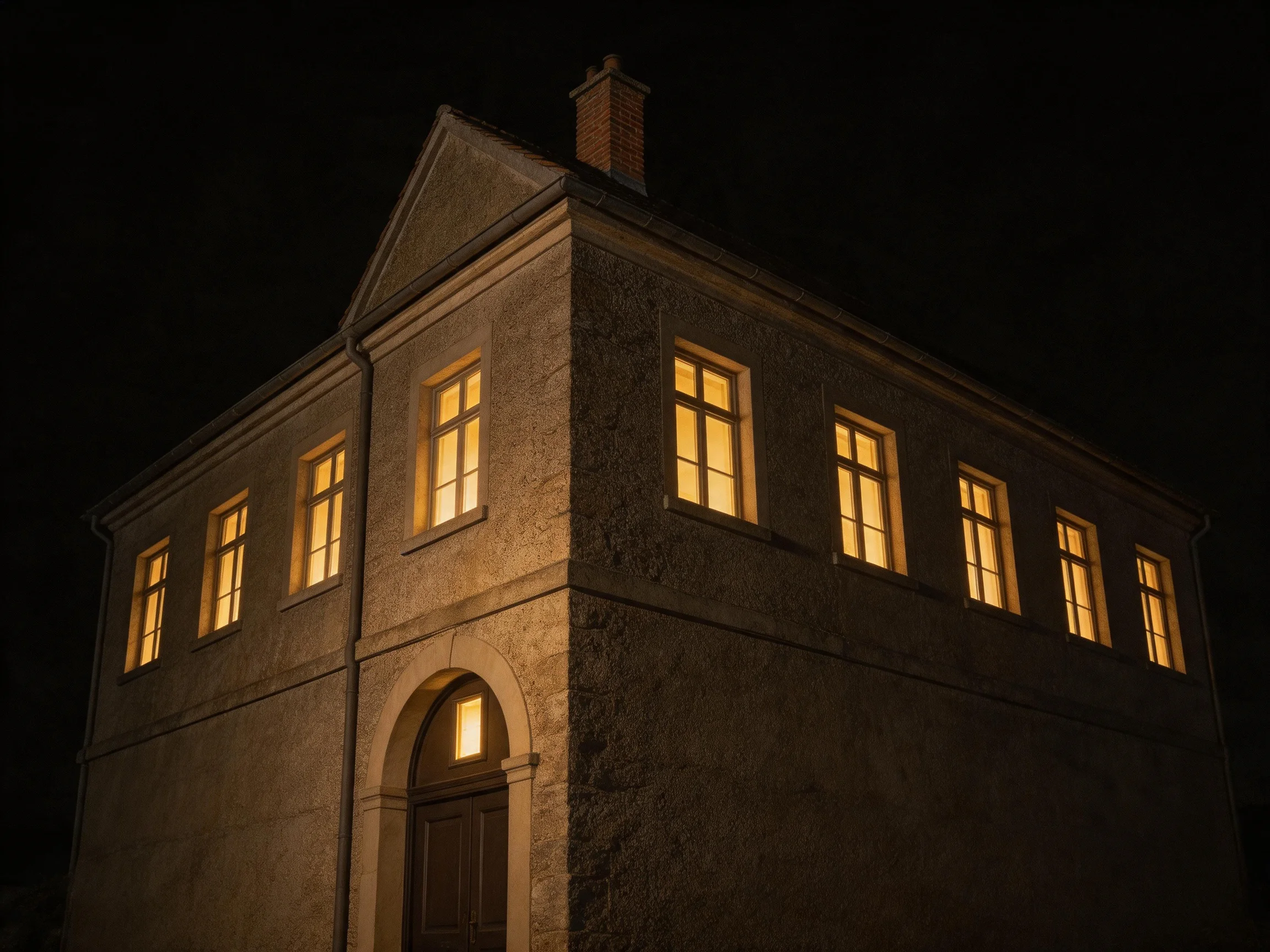 An old stone house with glowing windows against dark night