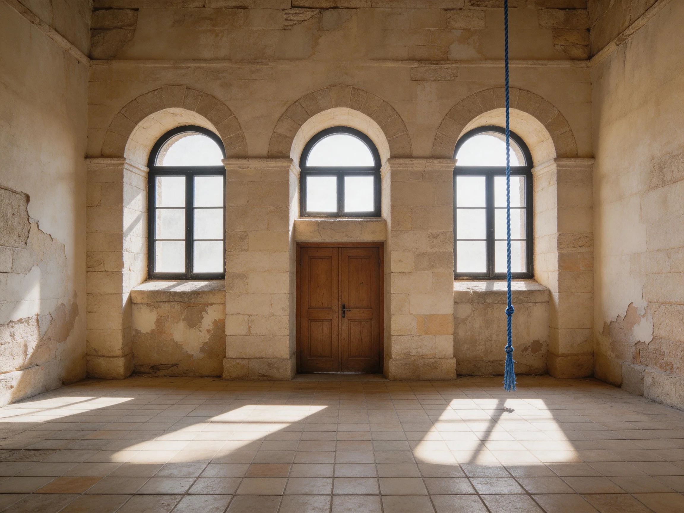 An old stone-walled interior with three arched windows and a wooden door