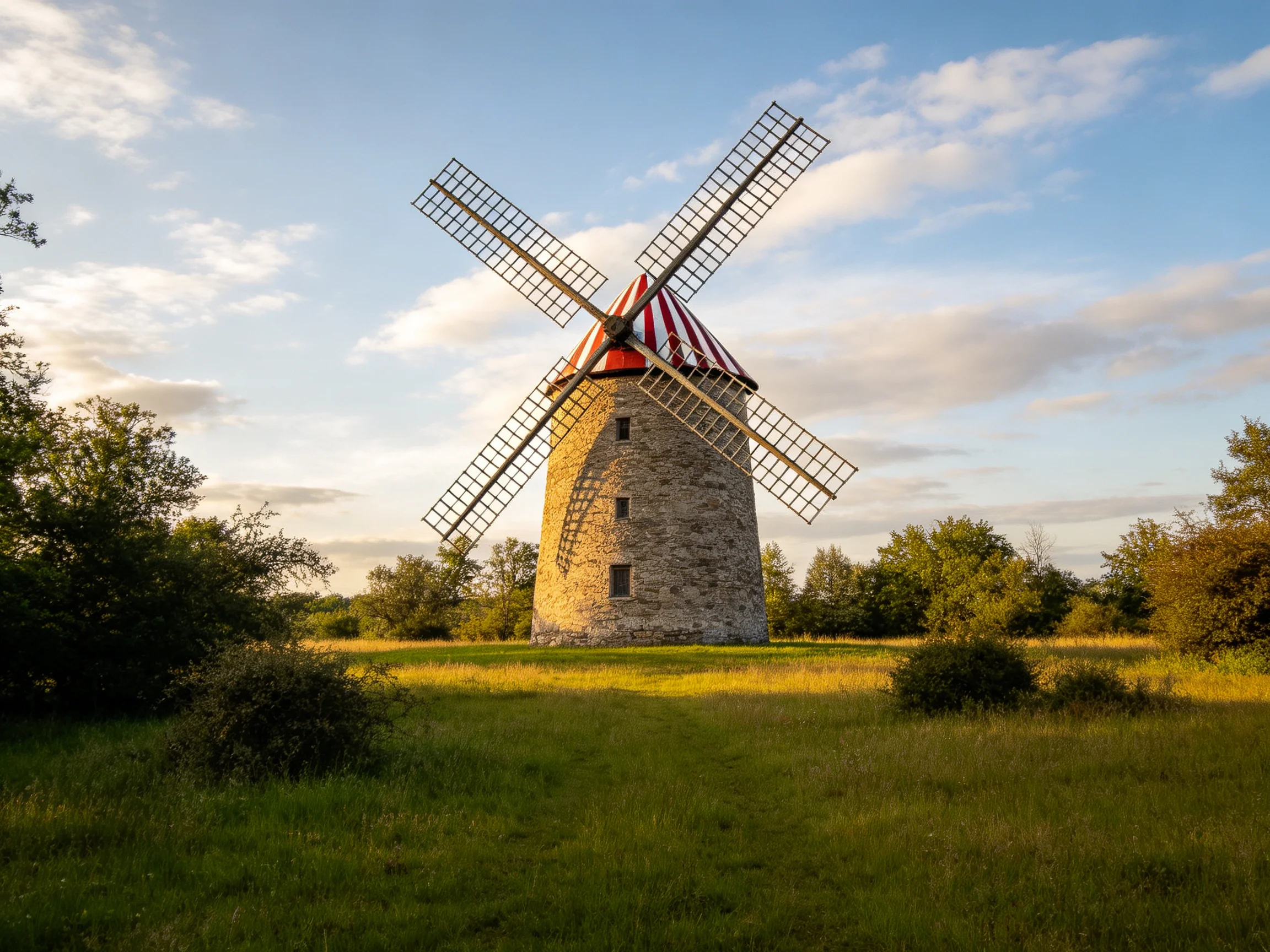 An old stone windmill with red-striped roof in a sunlit field