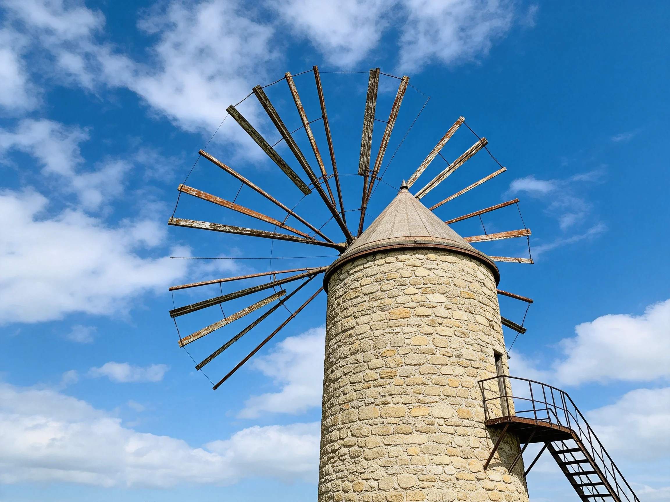 An old stone windmill with weathered wooden blades under a bright blue sky