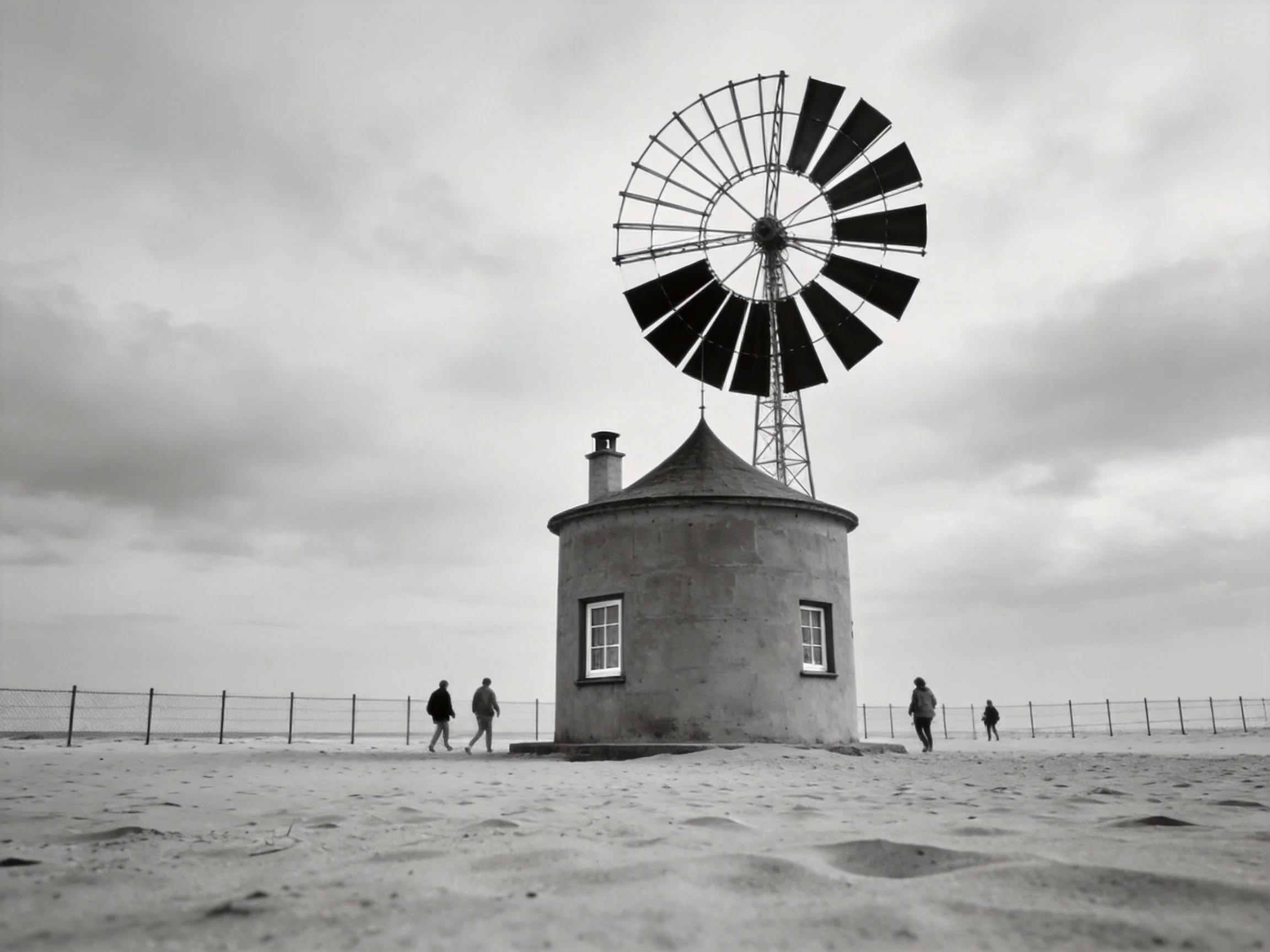 An old windmill on a sandy beach with pedestrians