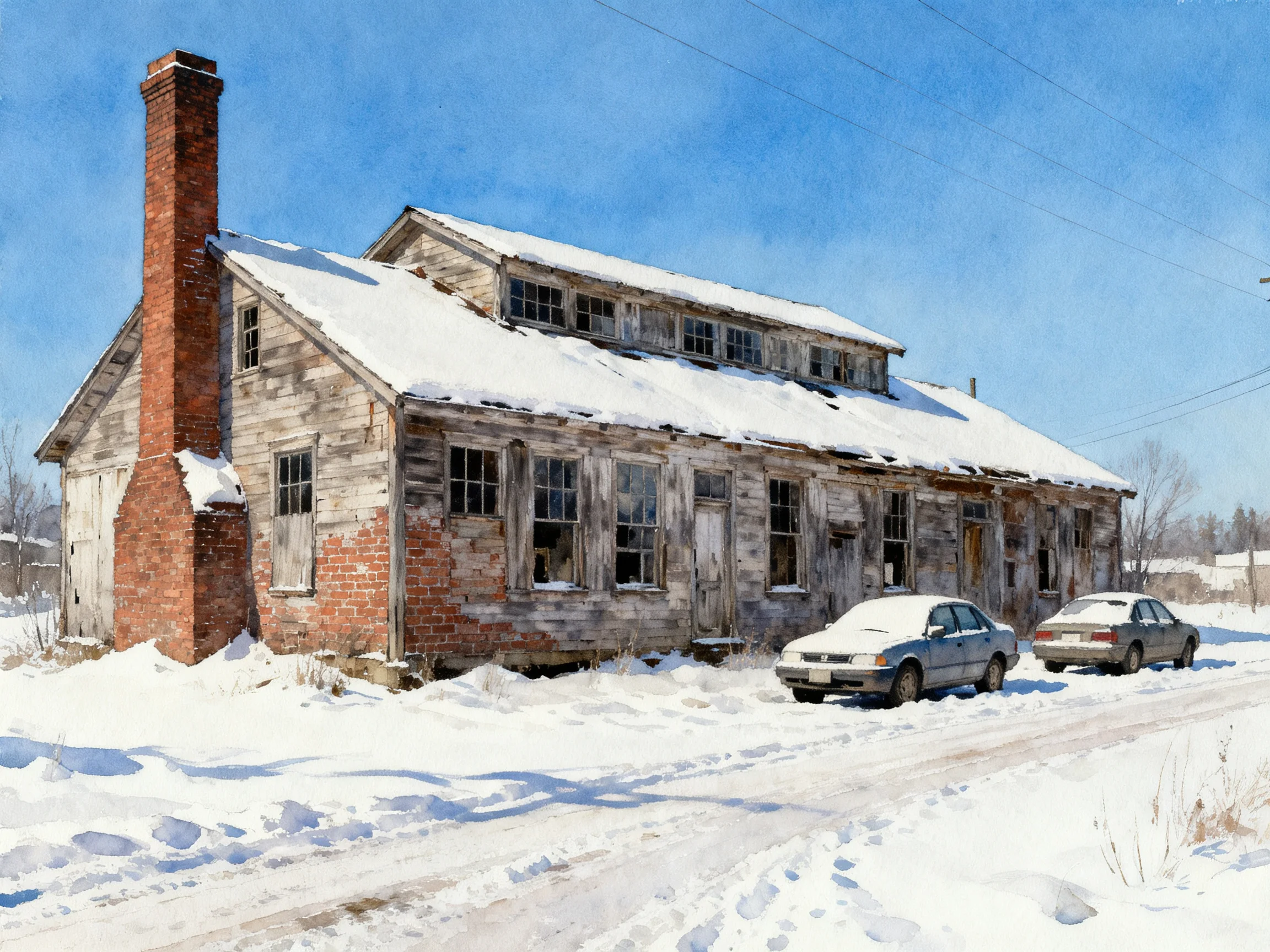 An old wooden building with snow and parked cars
