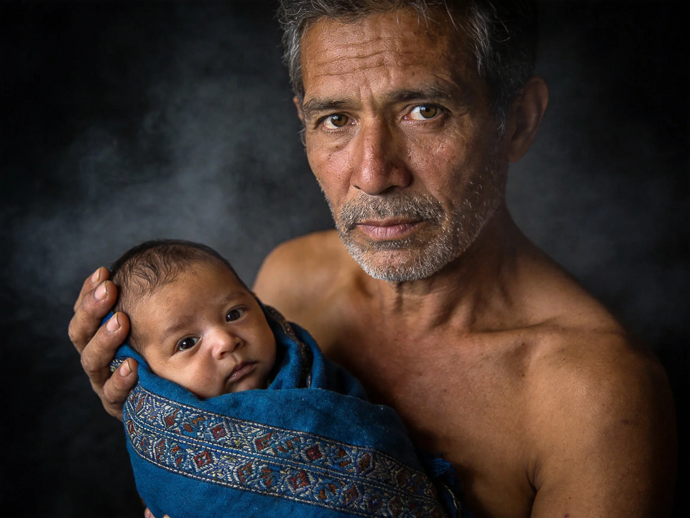 An older man holds a swaddled infant wrapped in blue fabric