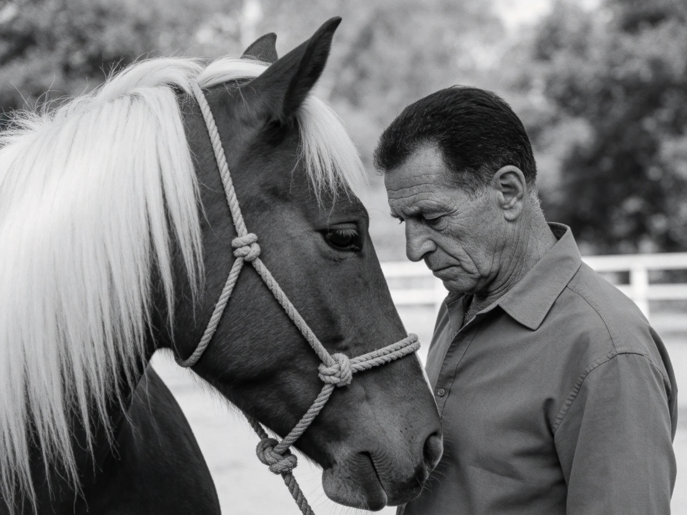 An older man stands beside a dark horse with a long white mane