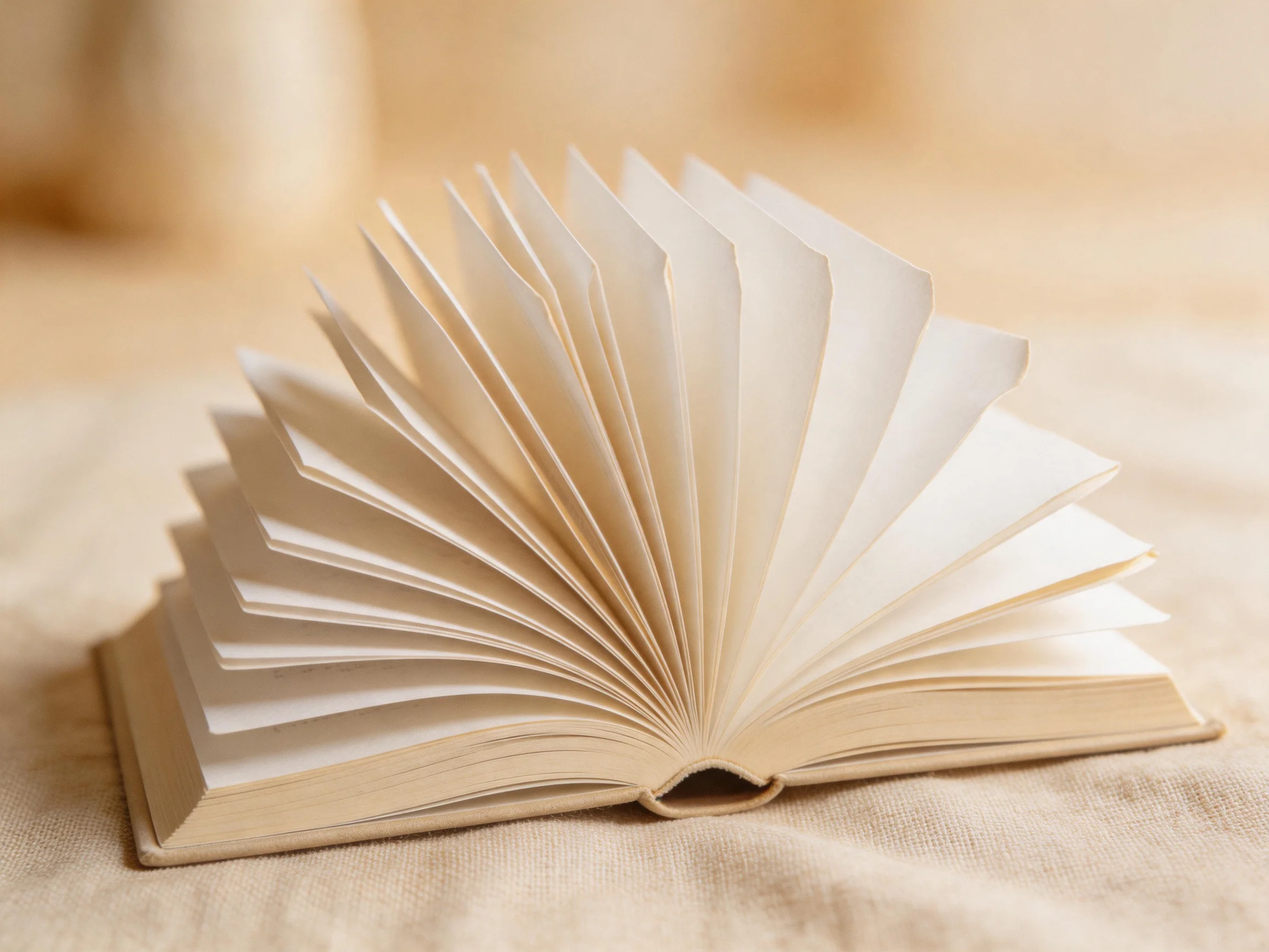 An open book with fanned pages sits on a soft beige surface