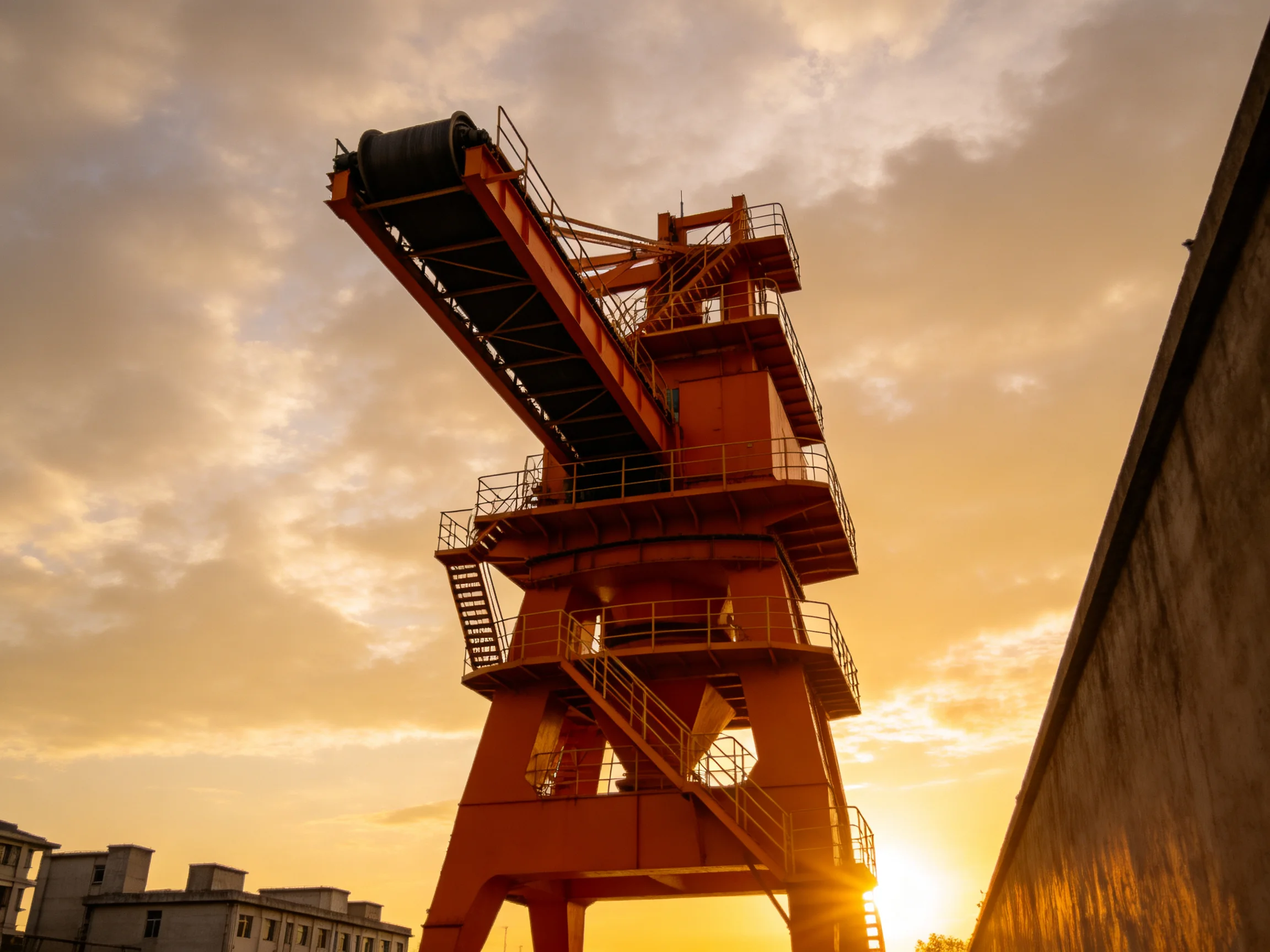 An orange industrial crane silhouetted against a golden sunset sky