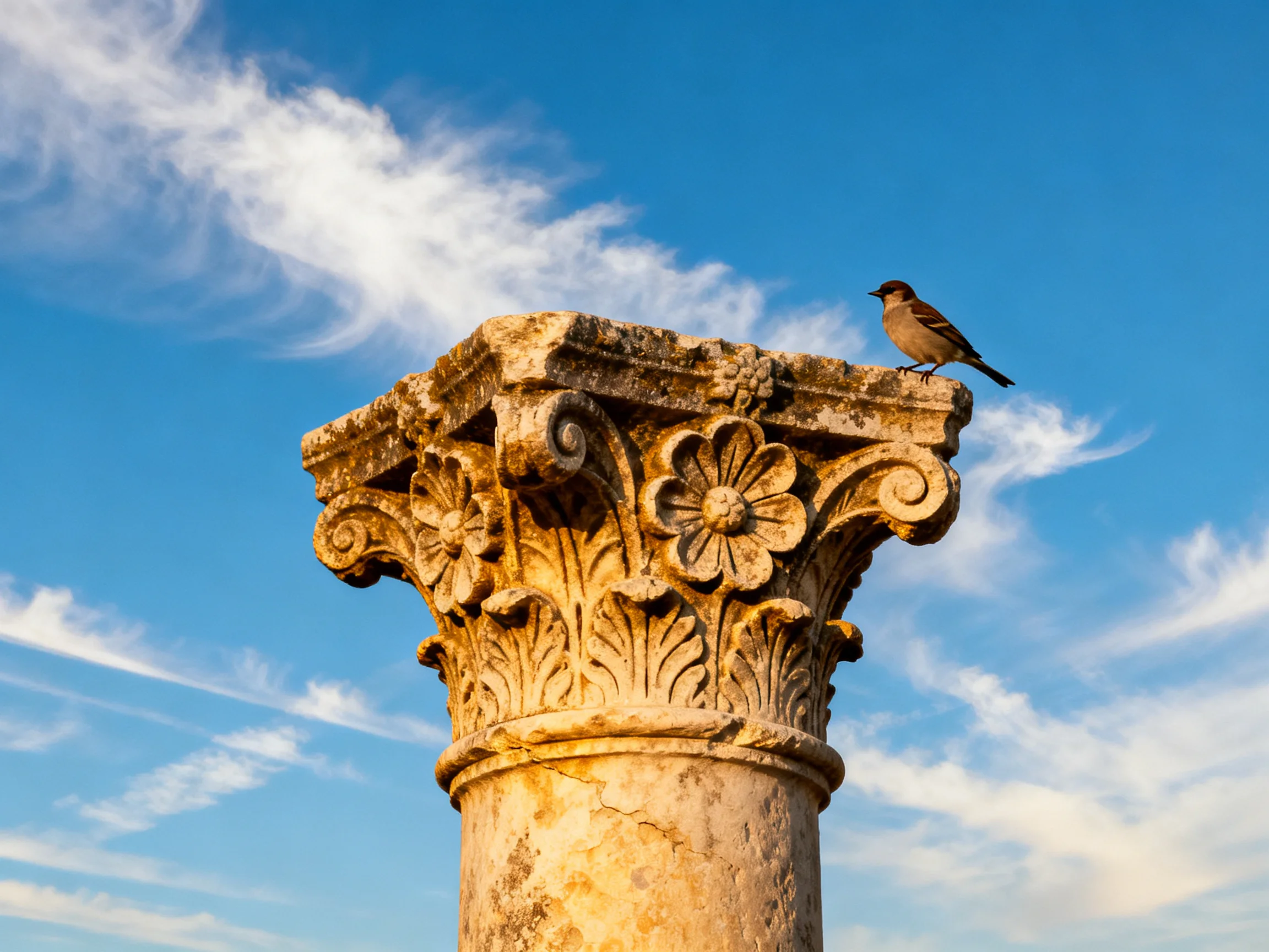 An ornate ancient column with a small brown bird perched atop under bright blue sky