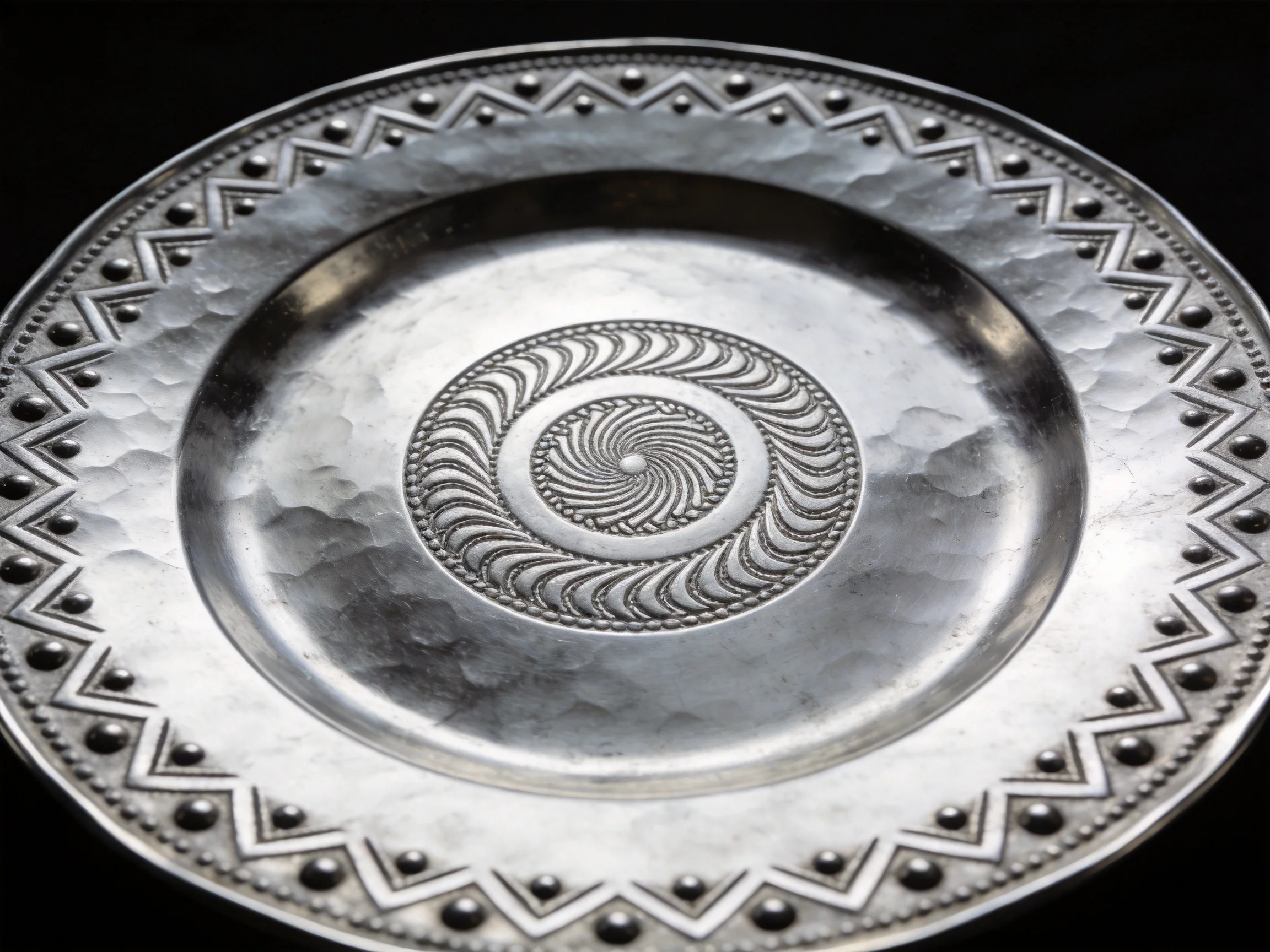 An ornate antique silver plate with intricate circular designs