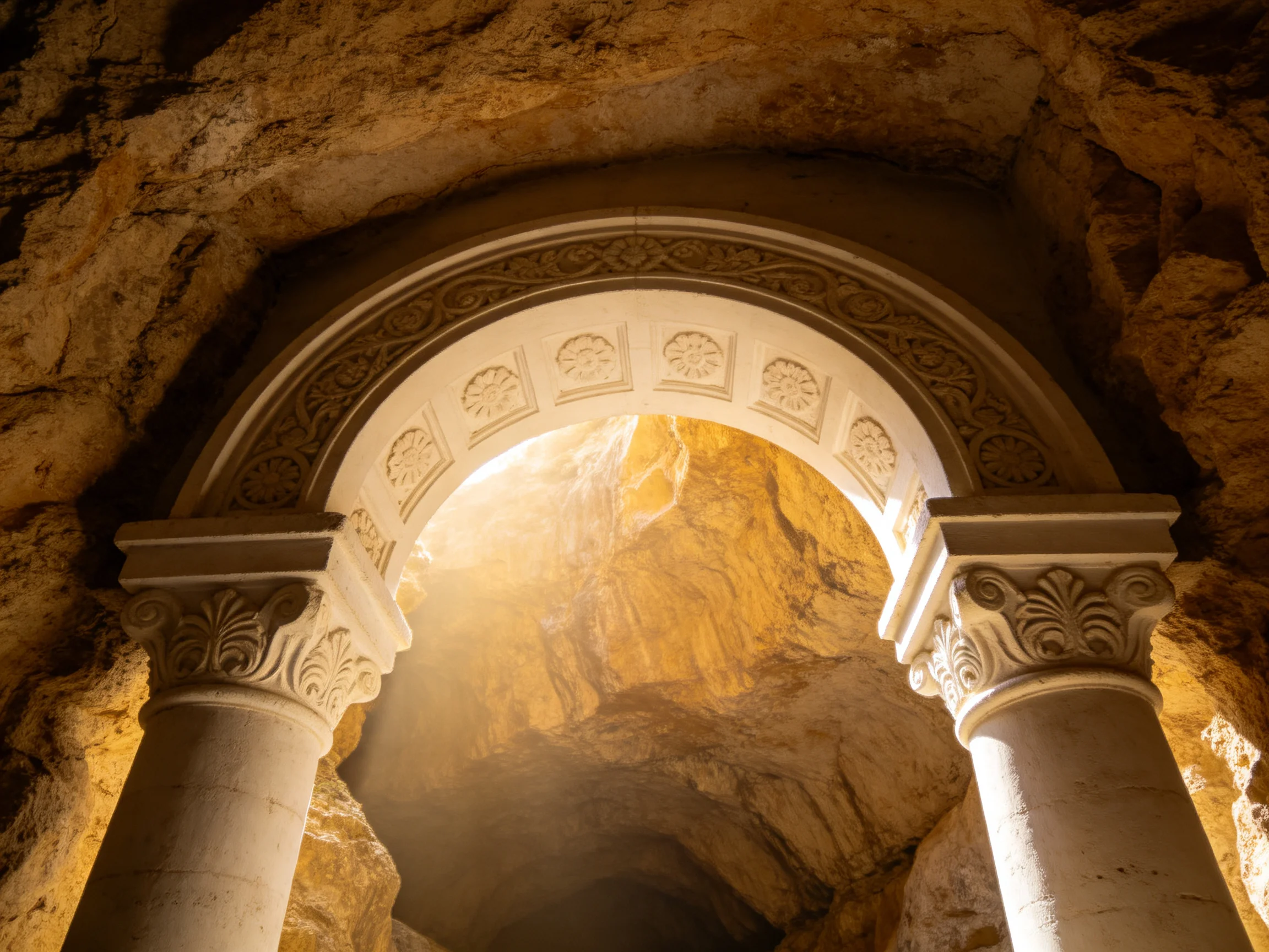 An ornate arched entrance with carved columns and golden-hued rock walls