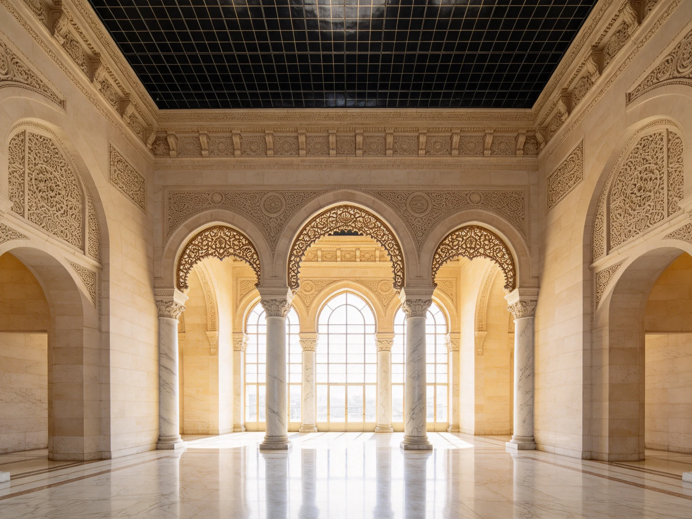 An ornate architectural hall with arches and marble columns