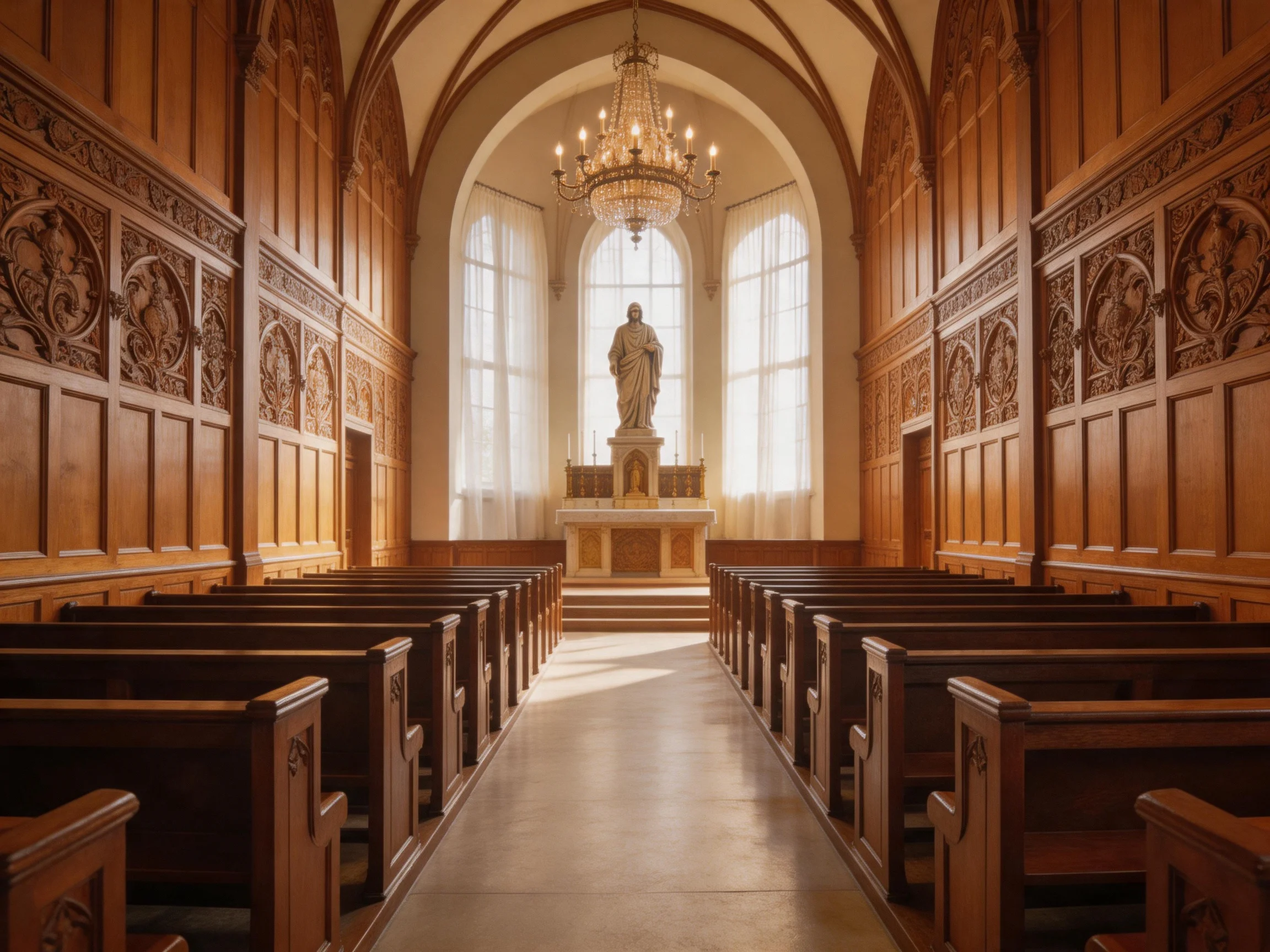 An ornate chapel interior with wooden pews, central statue, and arched windows