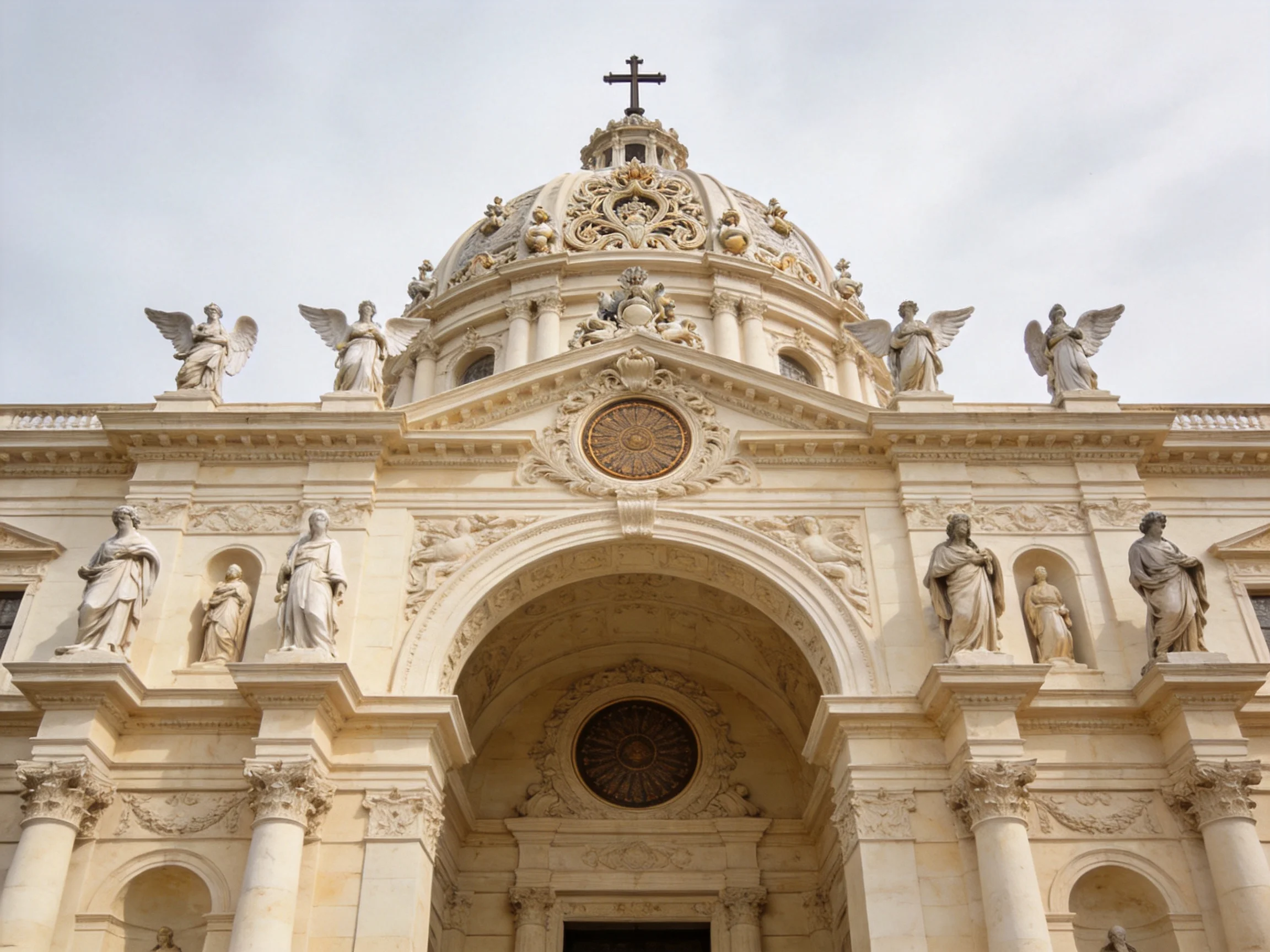 An ornate cream-colored cathedral with statues and domed architecture