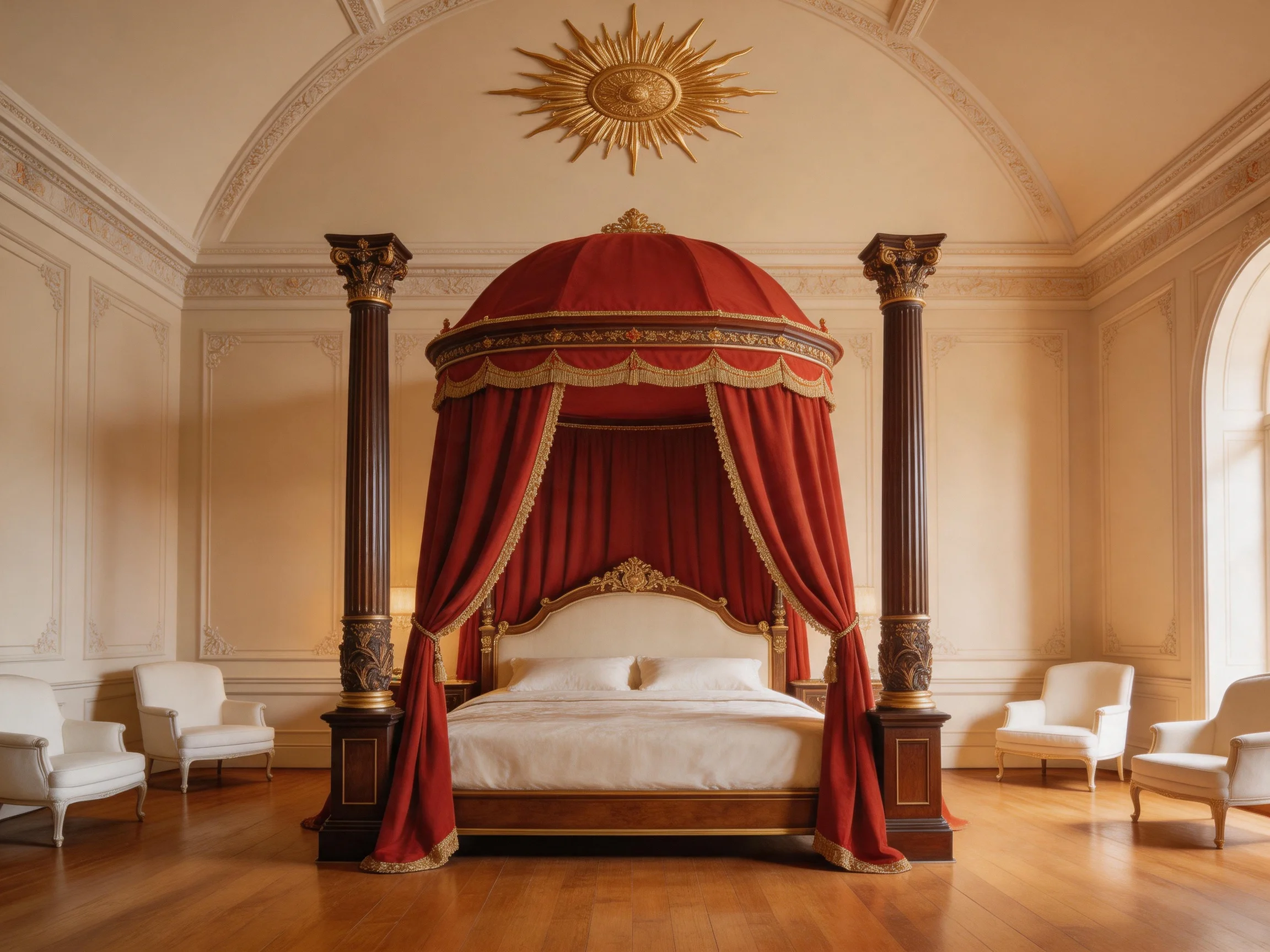 An ornate four - poster bed with red drapery in a grand room