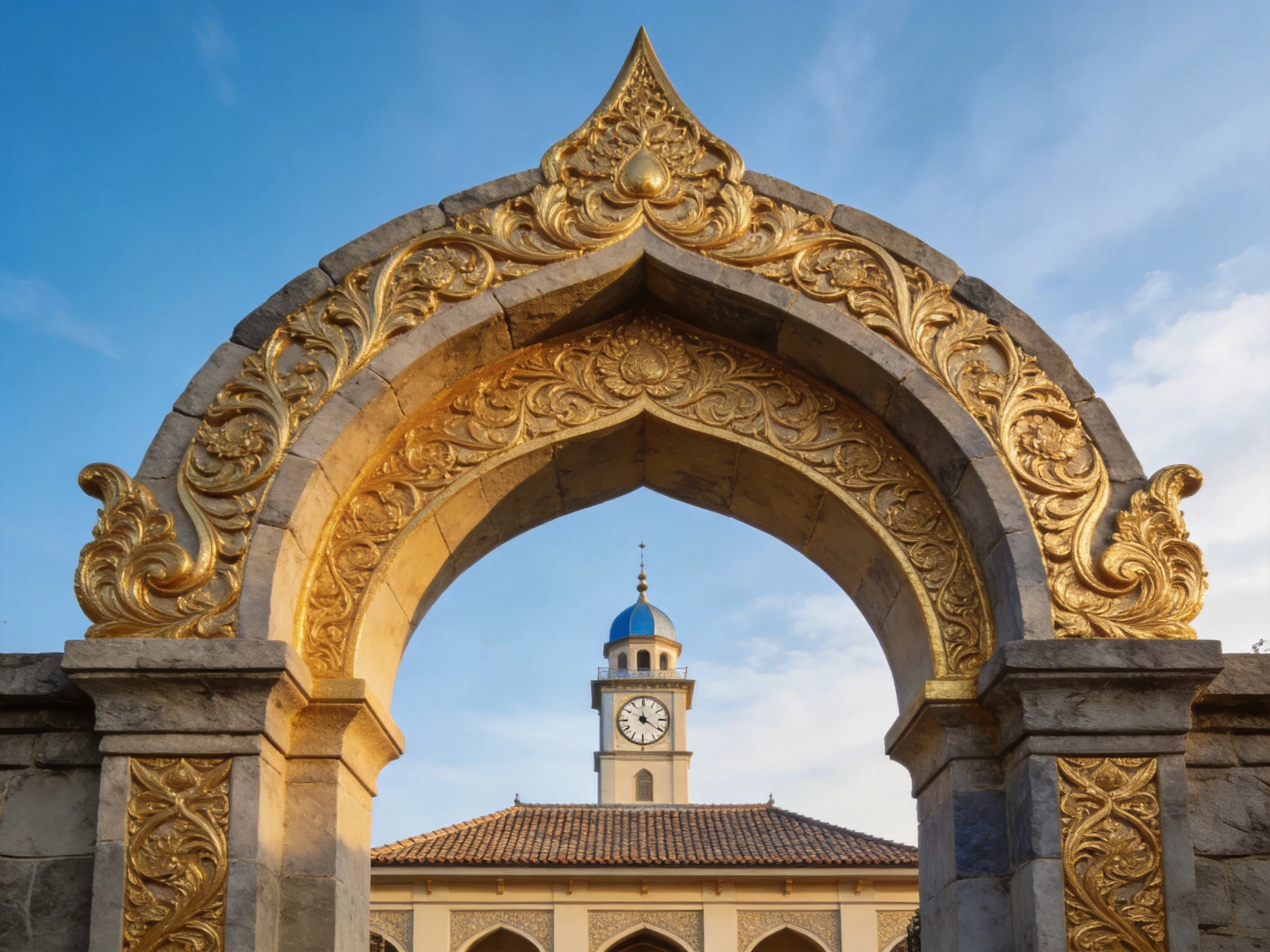 An ornate golden arch frames a clock tower with a blue dome