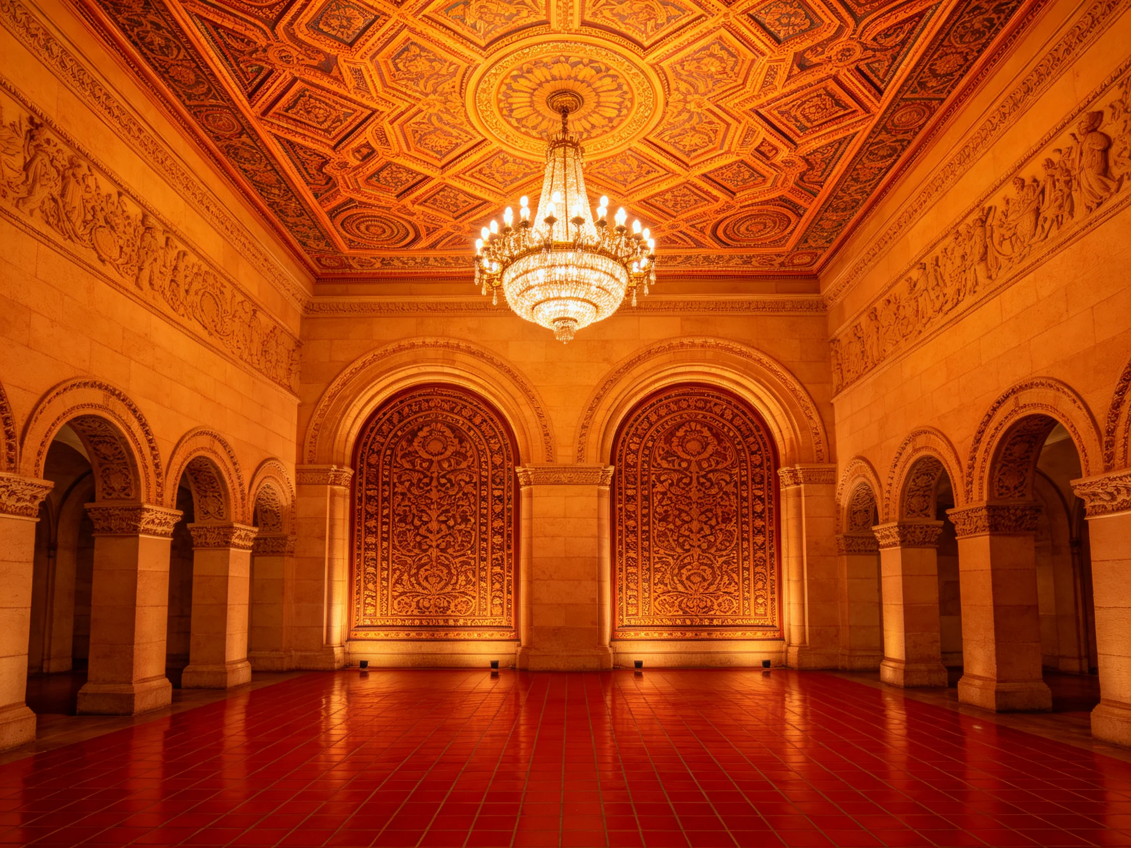 An ornate hall with a grand chandelier, red tiled floors, and intricate ceilings