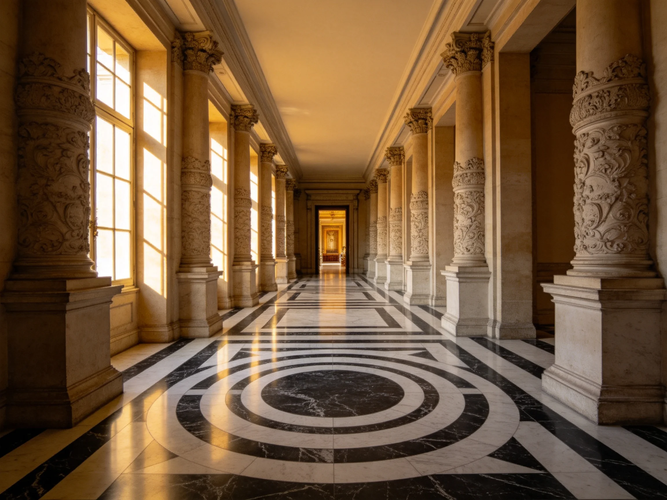 An ornate hallway with decorative columns and geometric marble flooring forms a grand architectural s