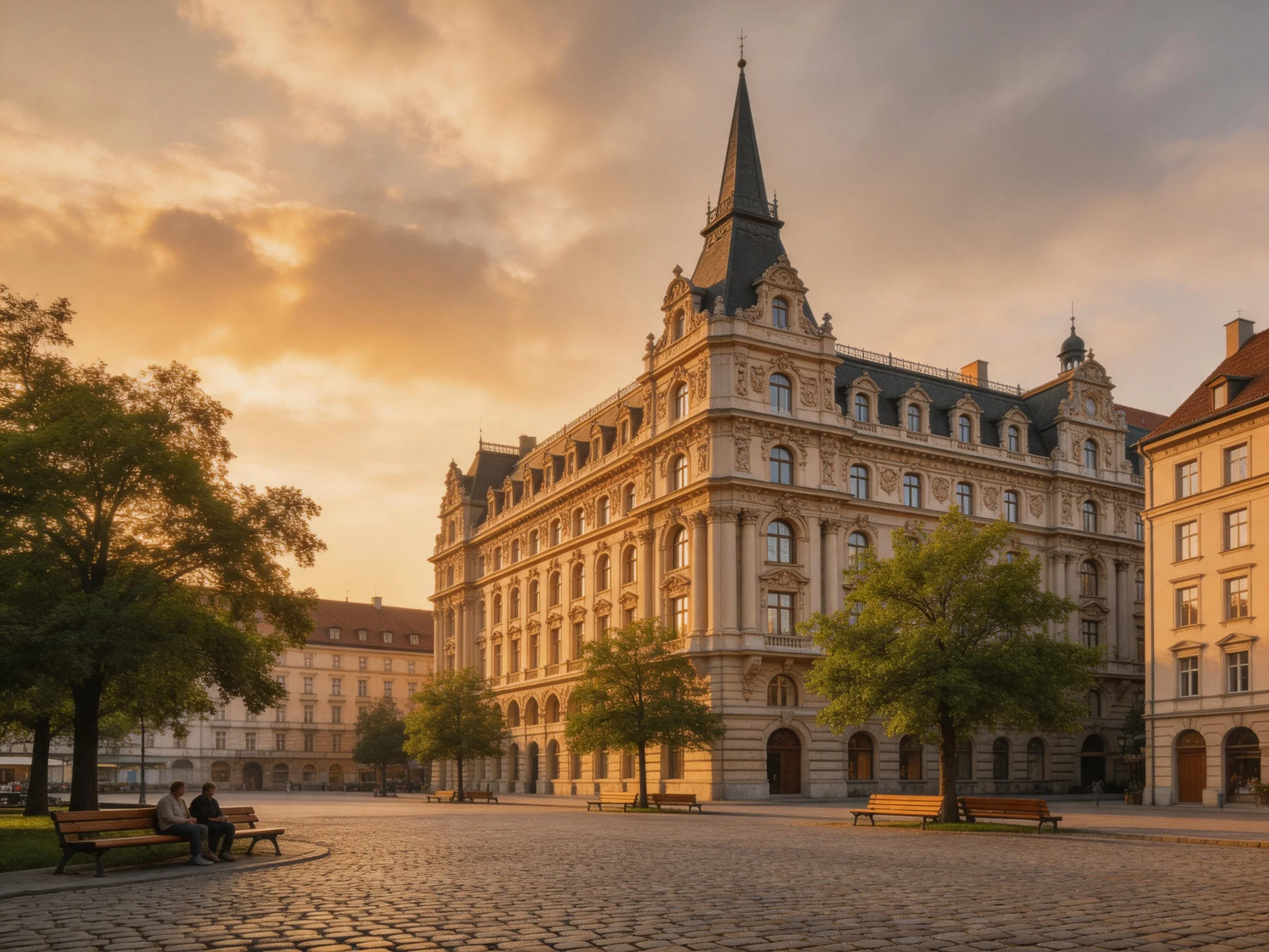 An ornate historic building in a sunlit cobblestone plaza with trees