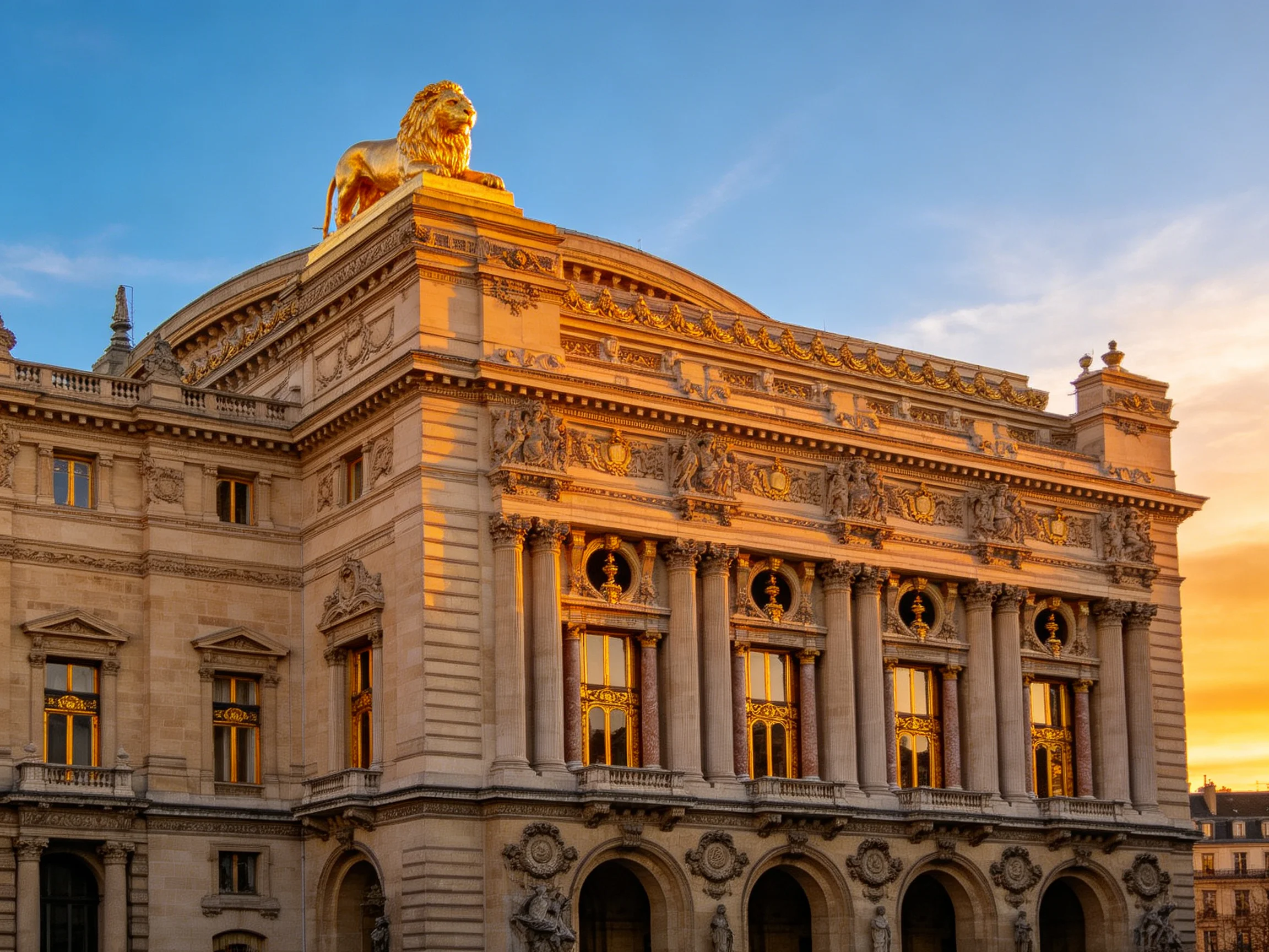 An ornate historic building with a golden lion statue under a clear blue sky