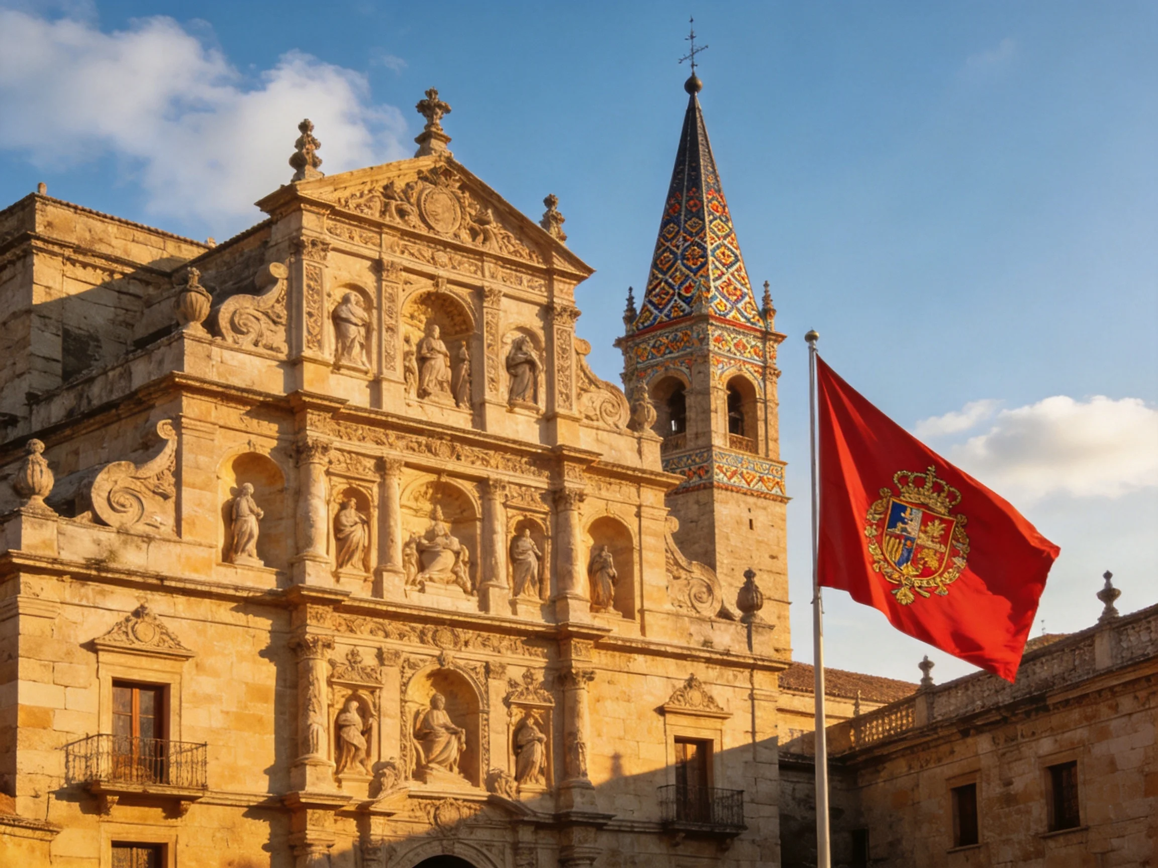 An ornate historic stone church with a vibrant red flag