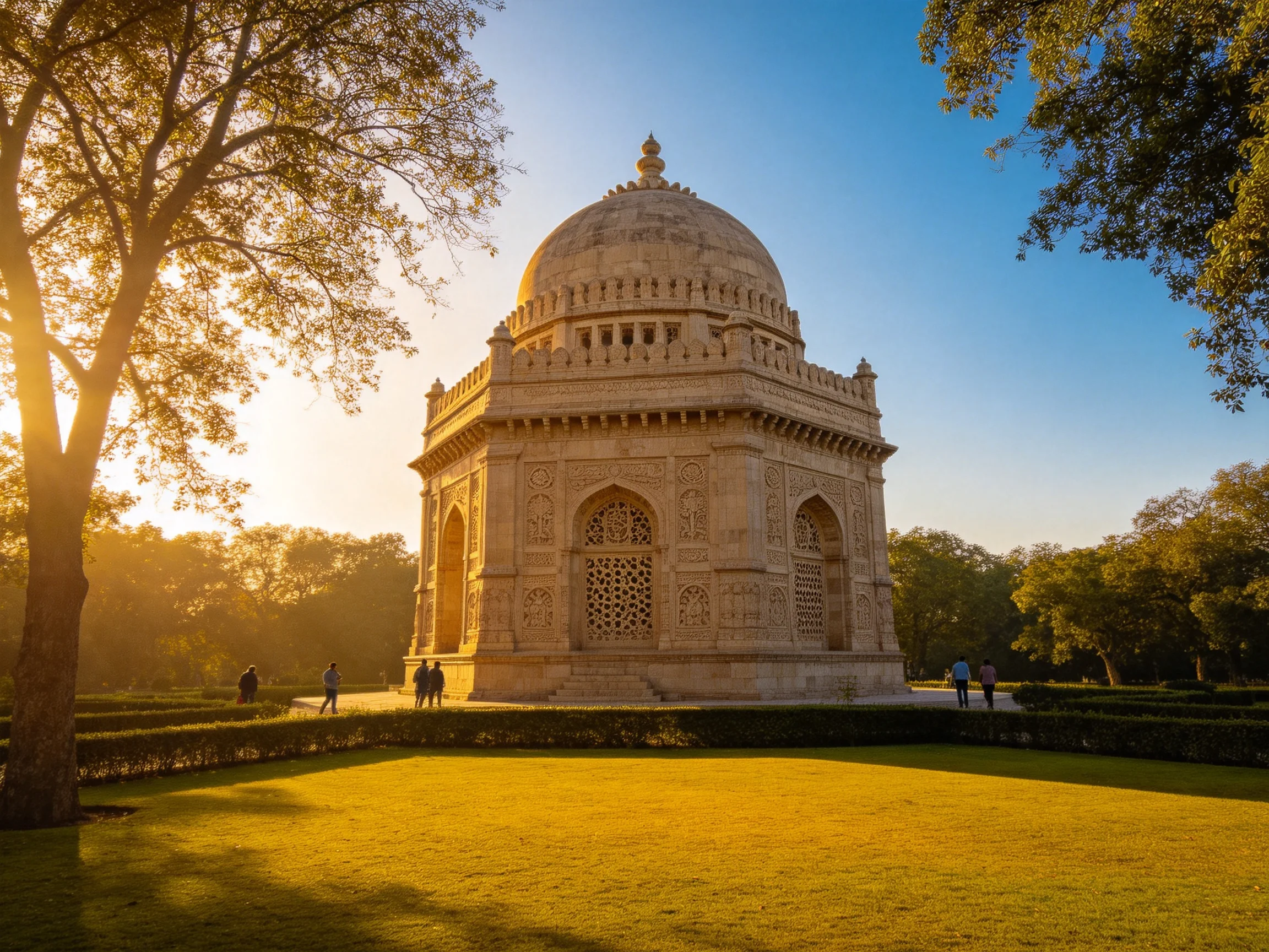 An ornate historical monument bathed in golden sunlight