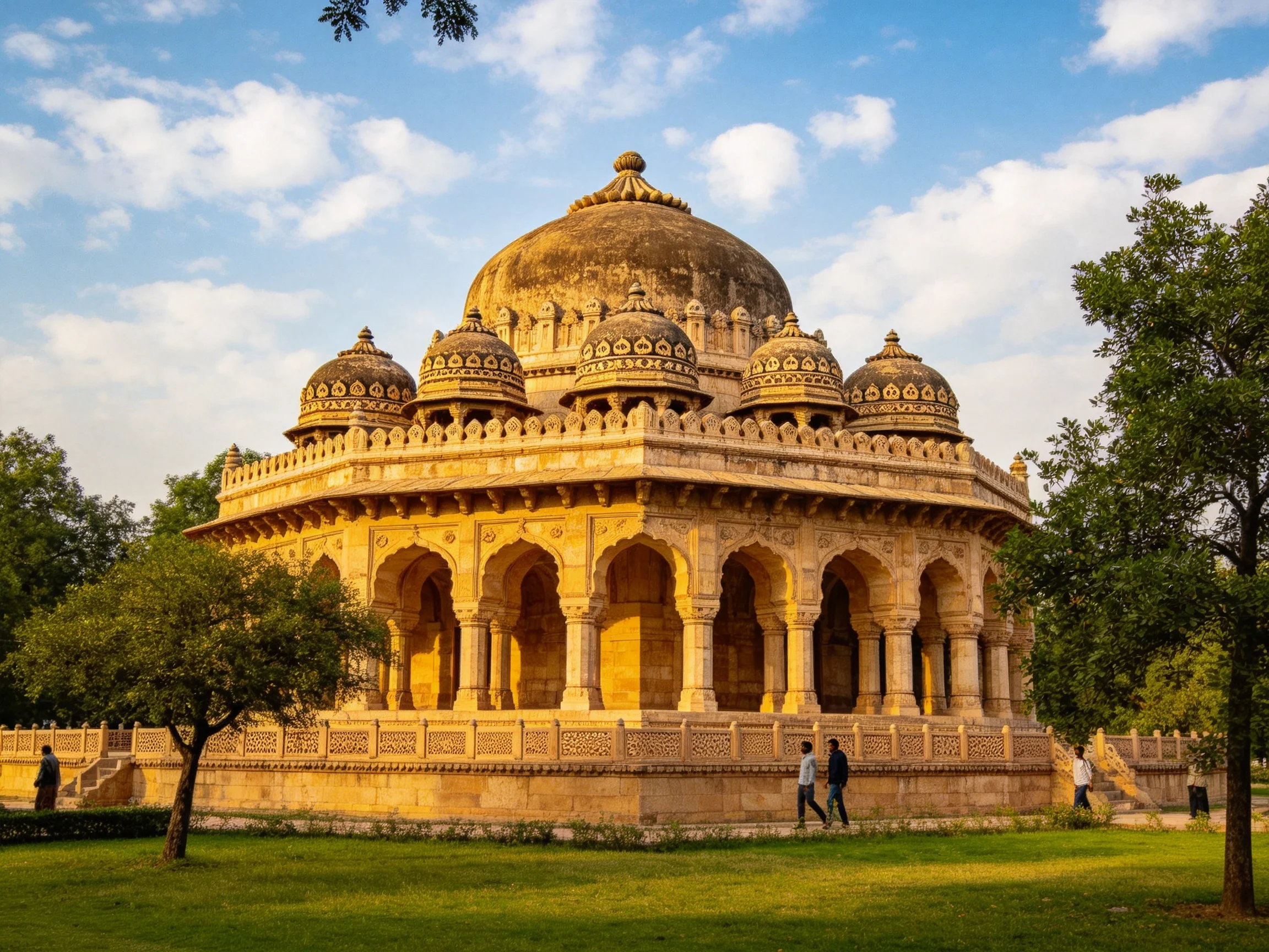 An ornate historical monument with domed architecture and golden hues