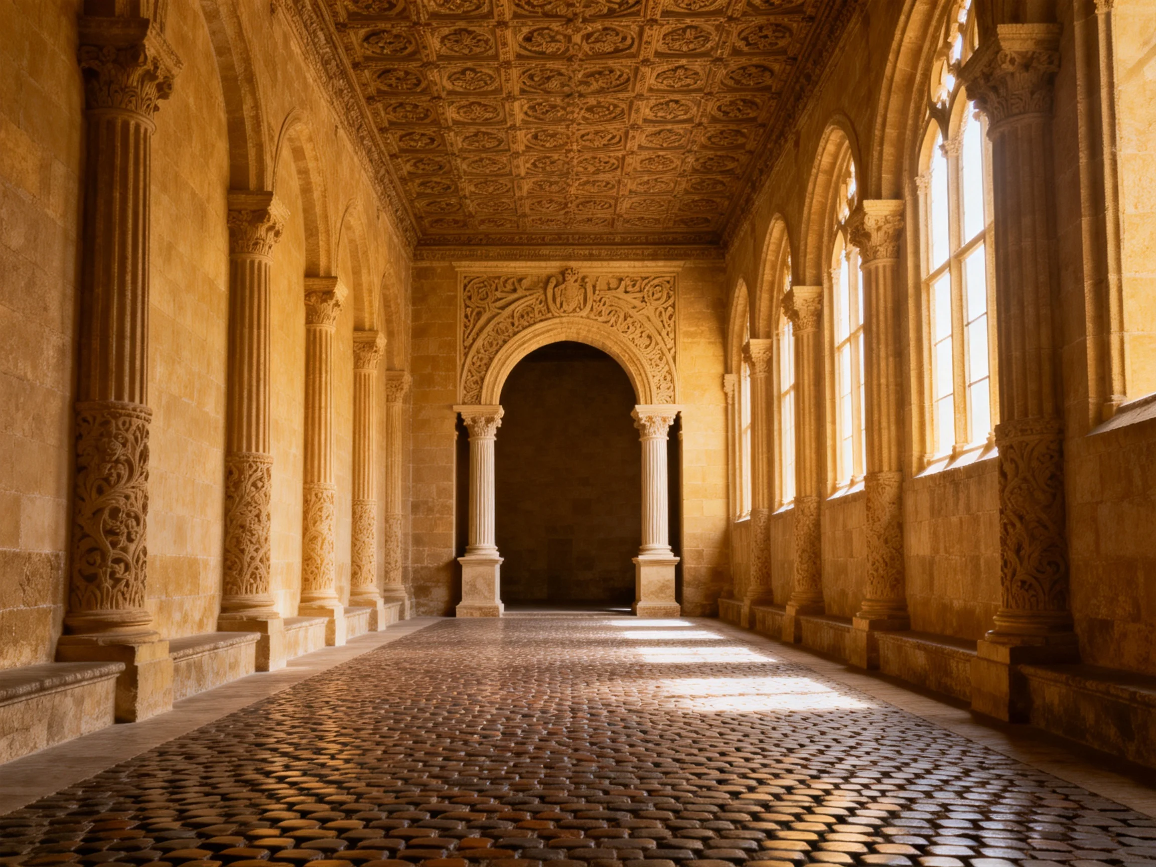 An ornate medieval corridor with carved columns and patterned flooring