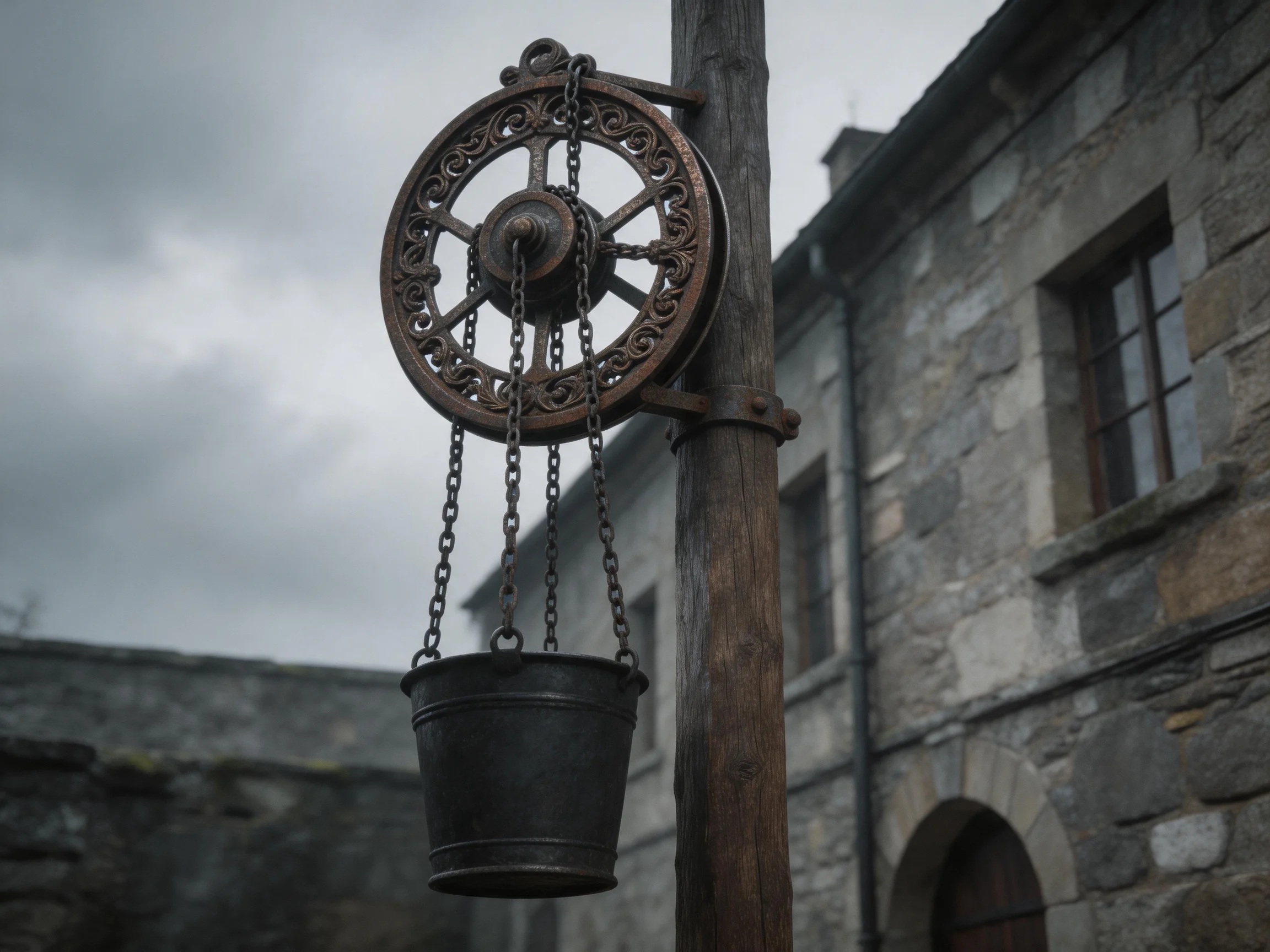 An ornate metal pulley with a hanging bucket near stone buildings