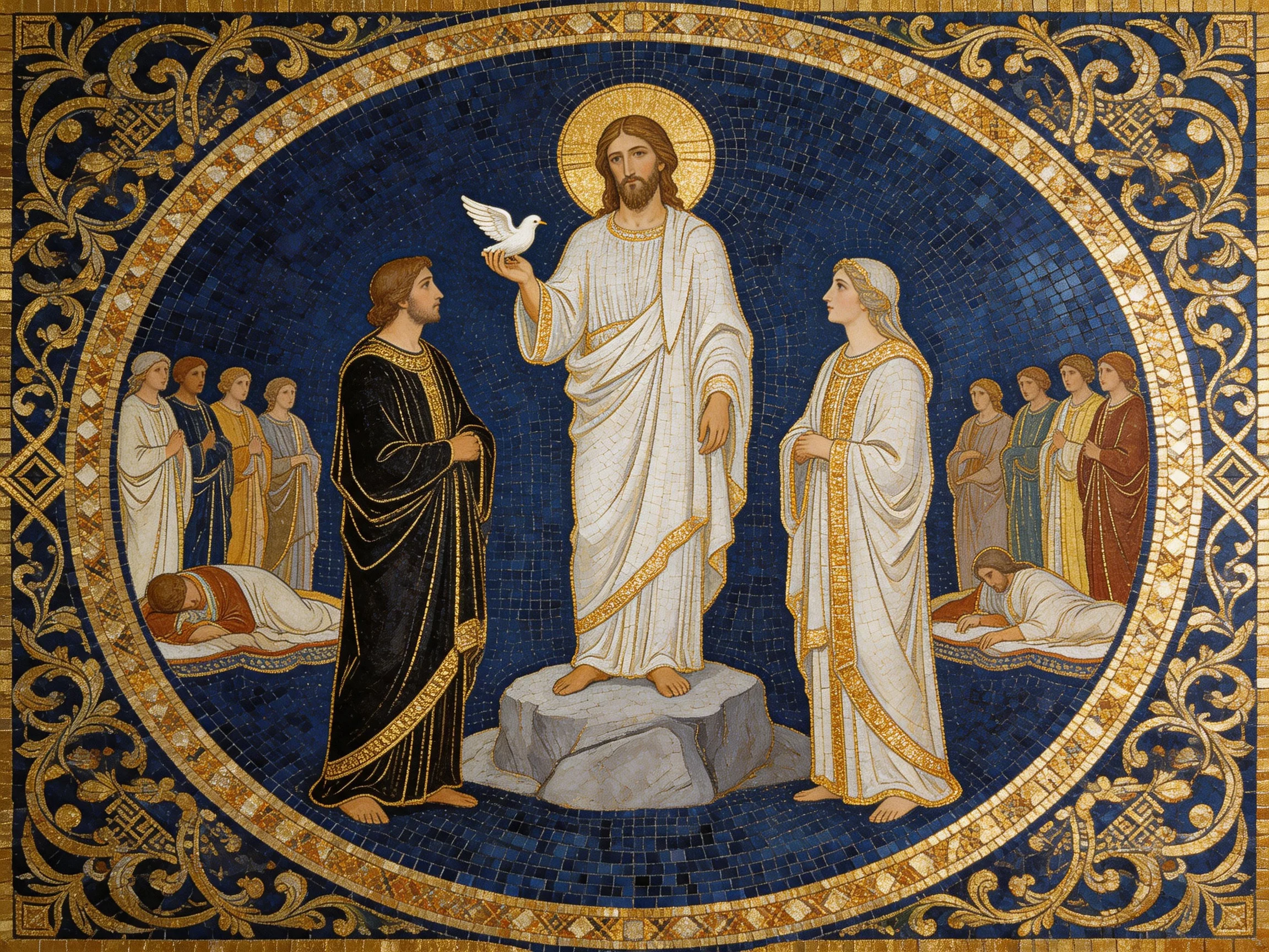 An ornate mosaic depicting a religious gathering with golden borders