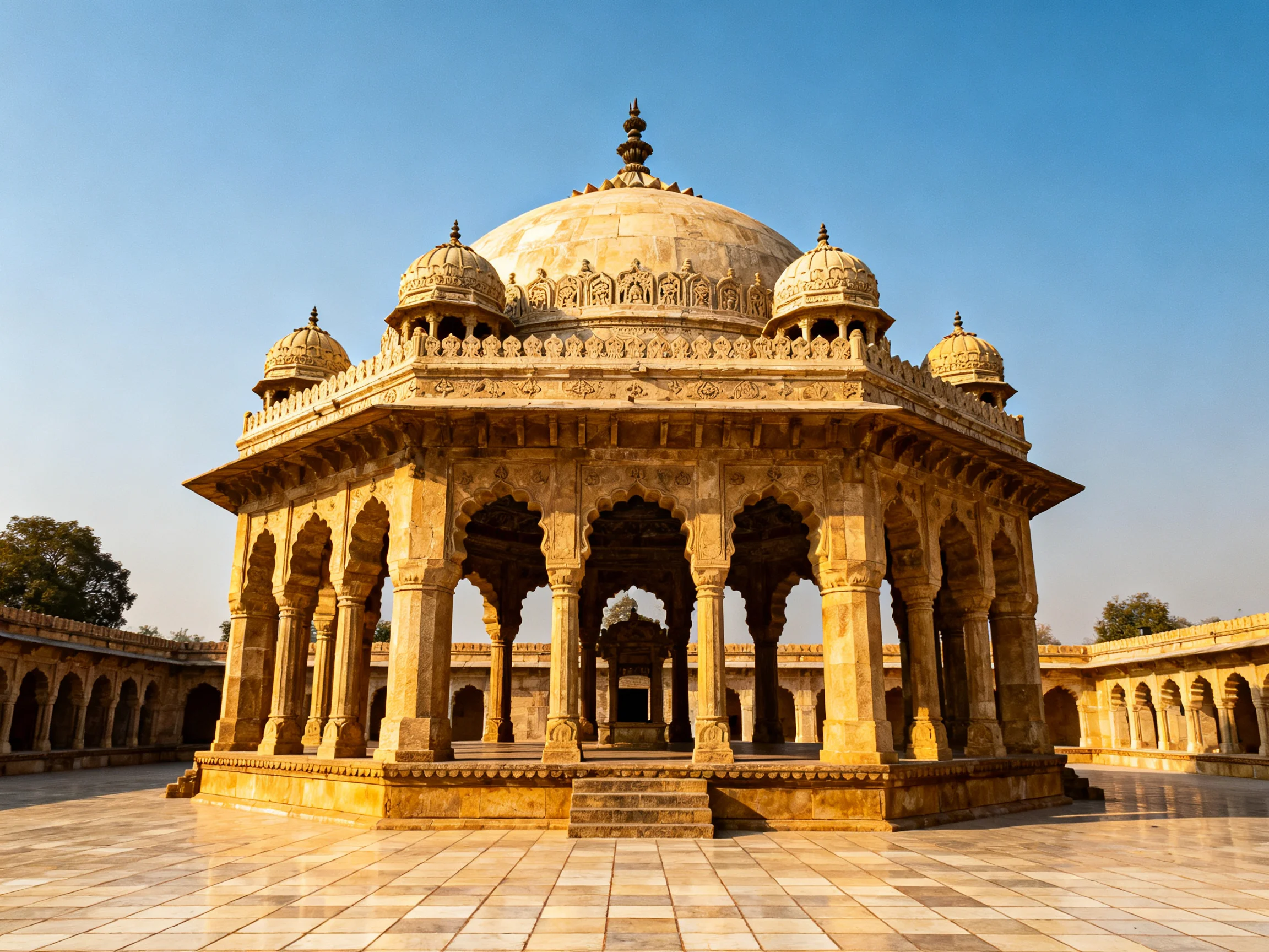 An ornate octagonal stone pavilion with domed roof under clear blue sky
