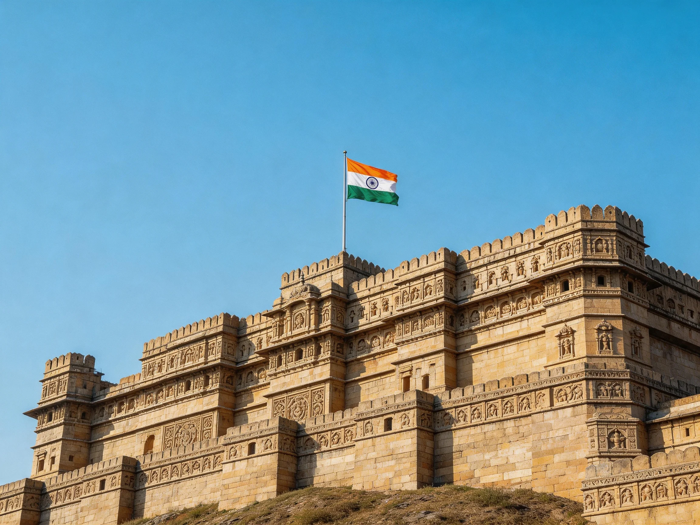 An ornate sandstone fortress with an Indian flag atop under clear blue sky