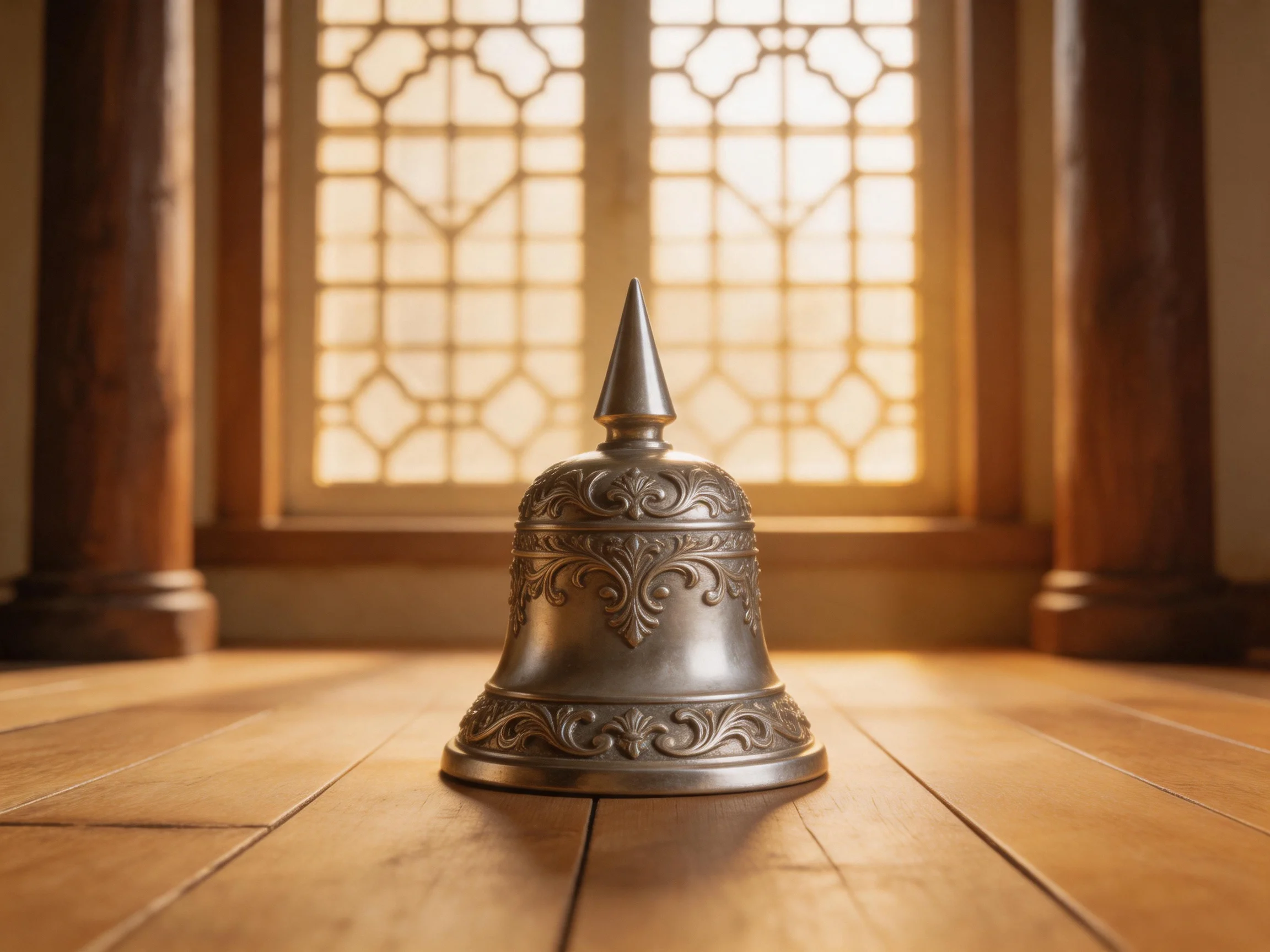 An ornate silver bell sits on polished wood near a sunlit lattice window