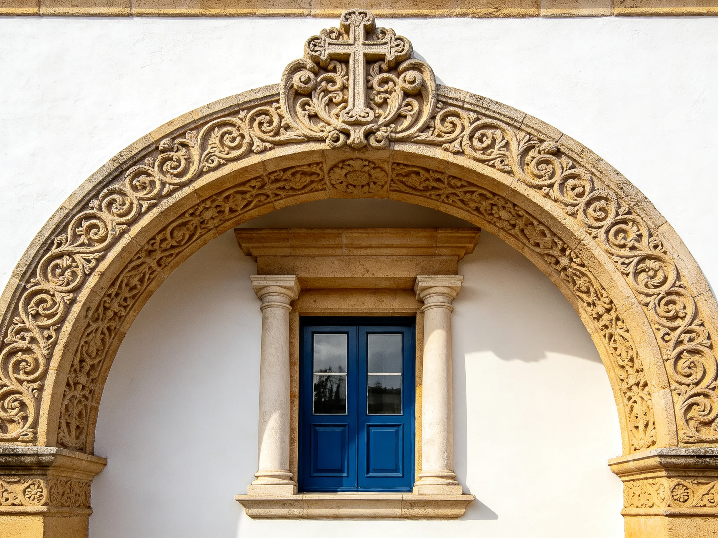 An ornate stone arch with carved designs over blue double doors