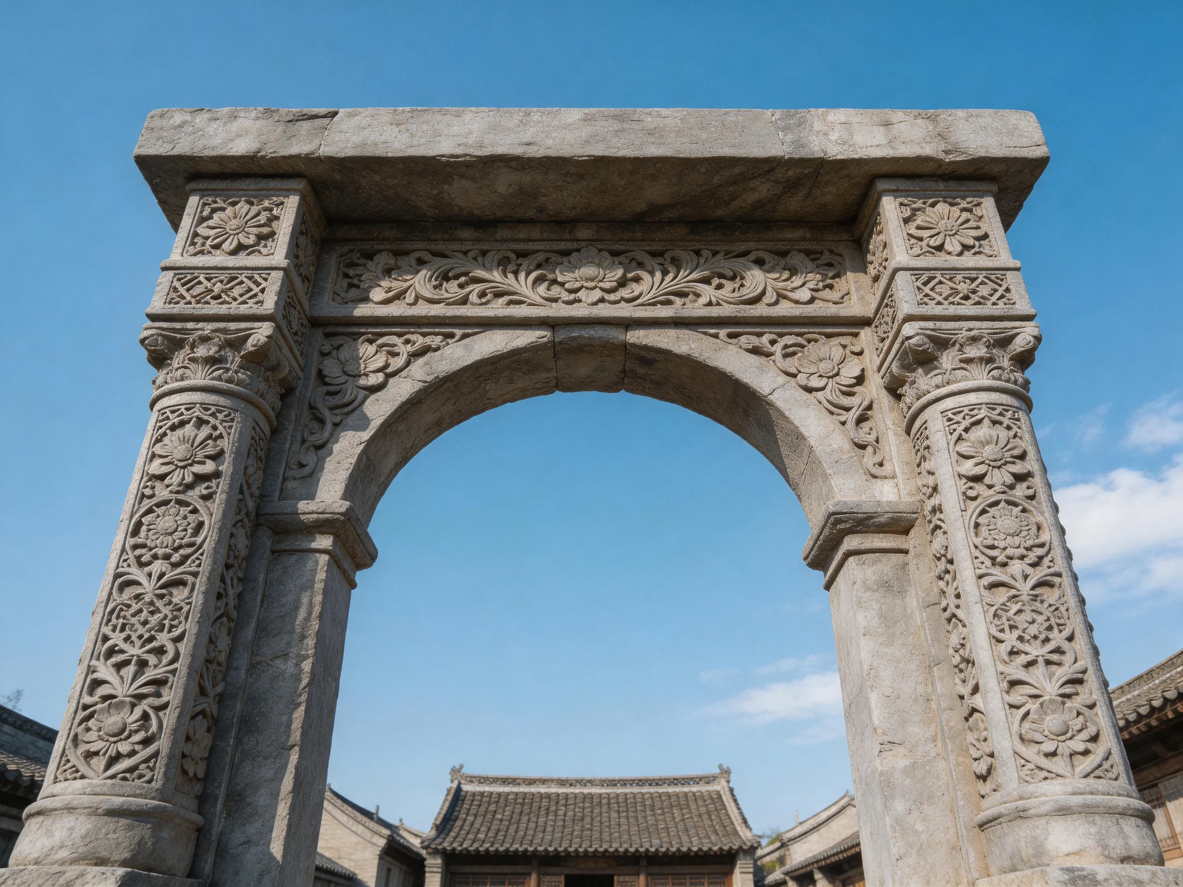 An ornate stone archway with floral carvings beneath a clear blue sky