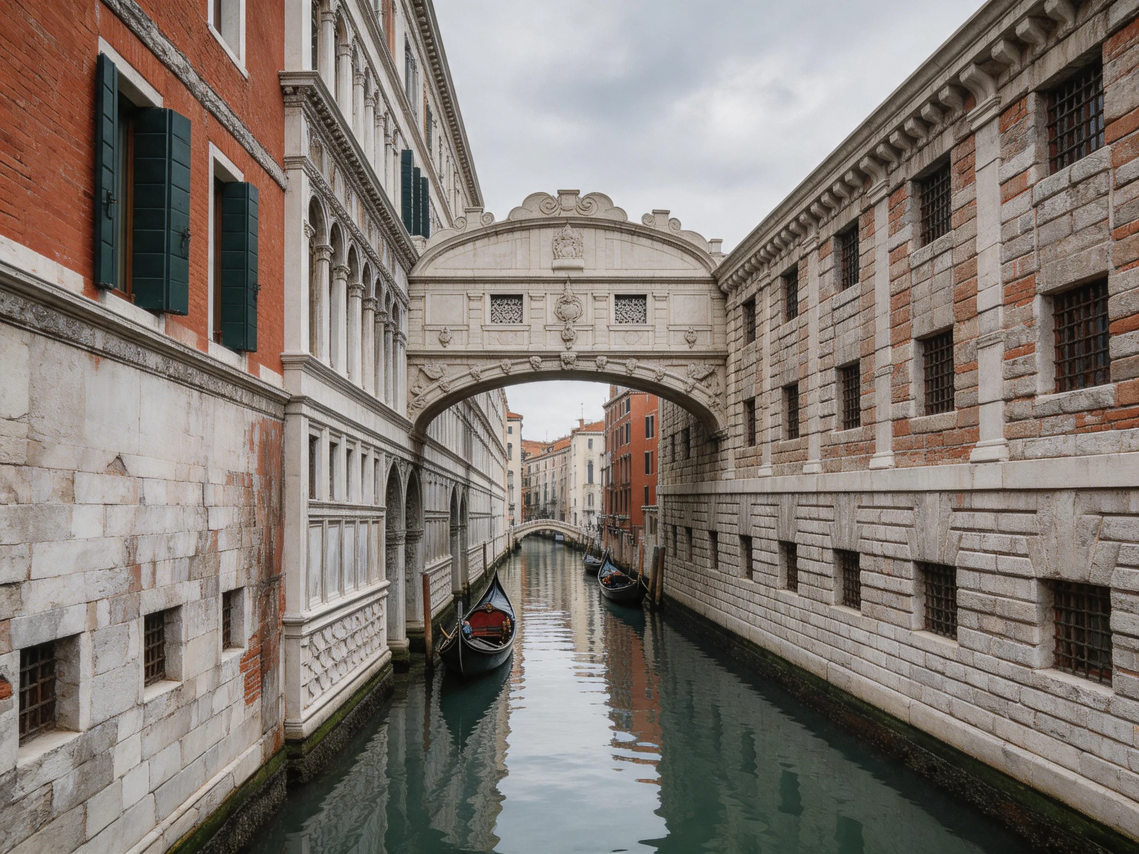 An ornate stone bridge spans a narrow canal flanked by aged buildings
