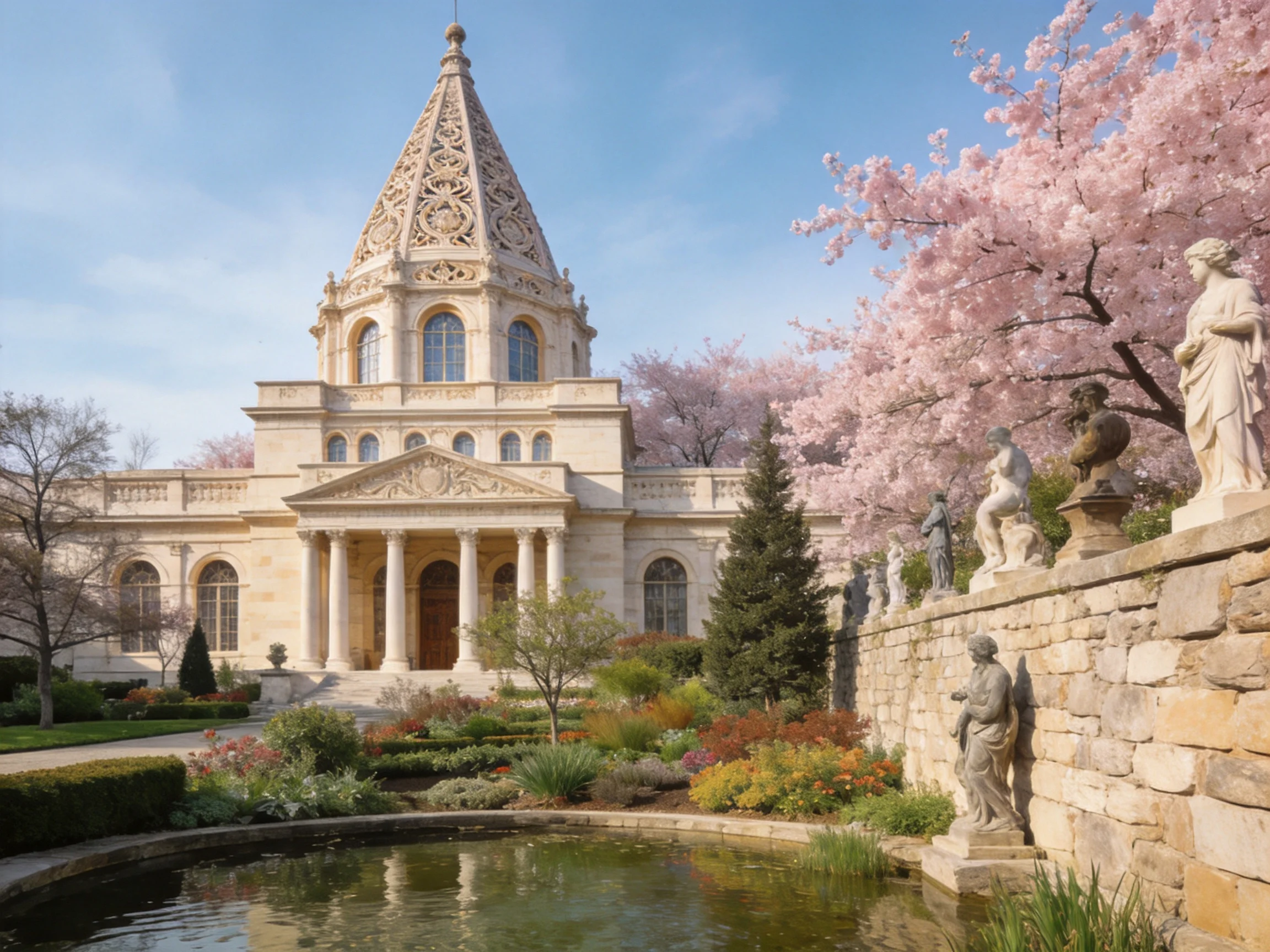 An ornate stone chapel with pink cherry blossoms and statues