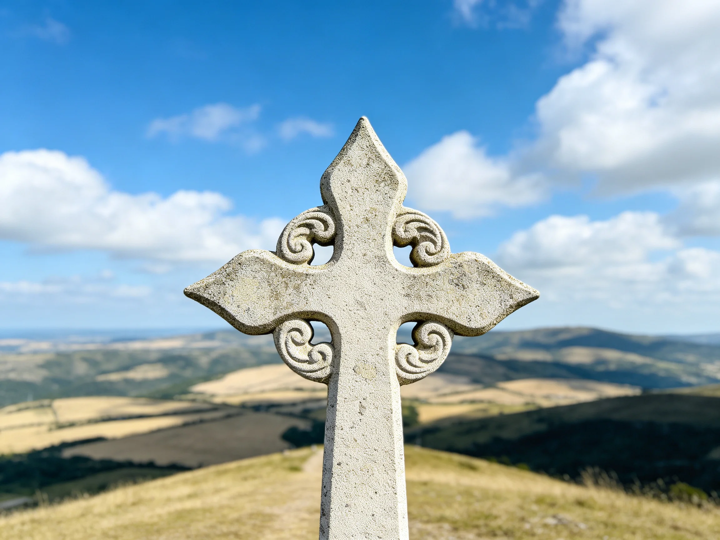 An ornate stone cross overlooks rolling countryside from a hilltop