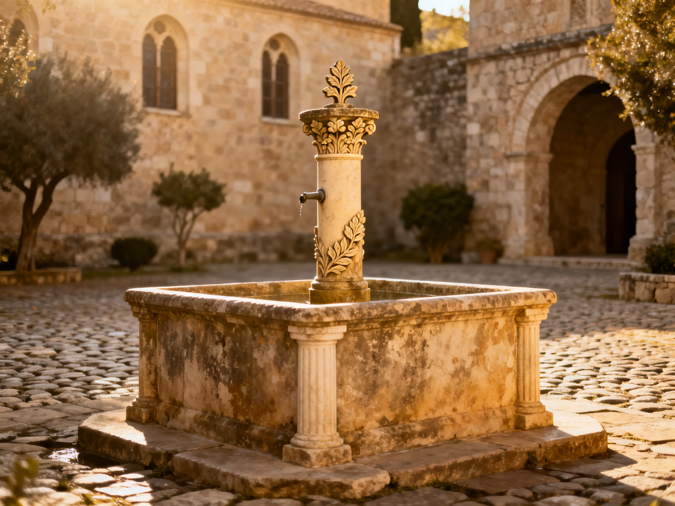 An ornate stone fountain with carved details in a sunlit historic courtyard