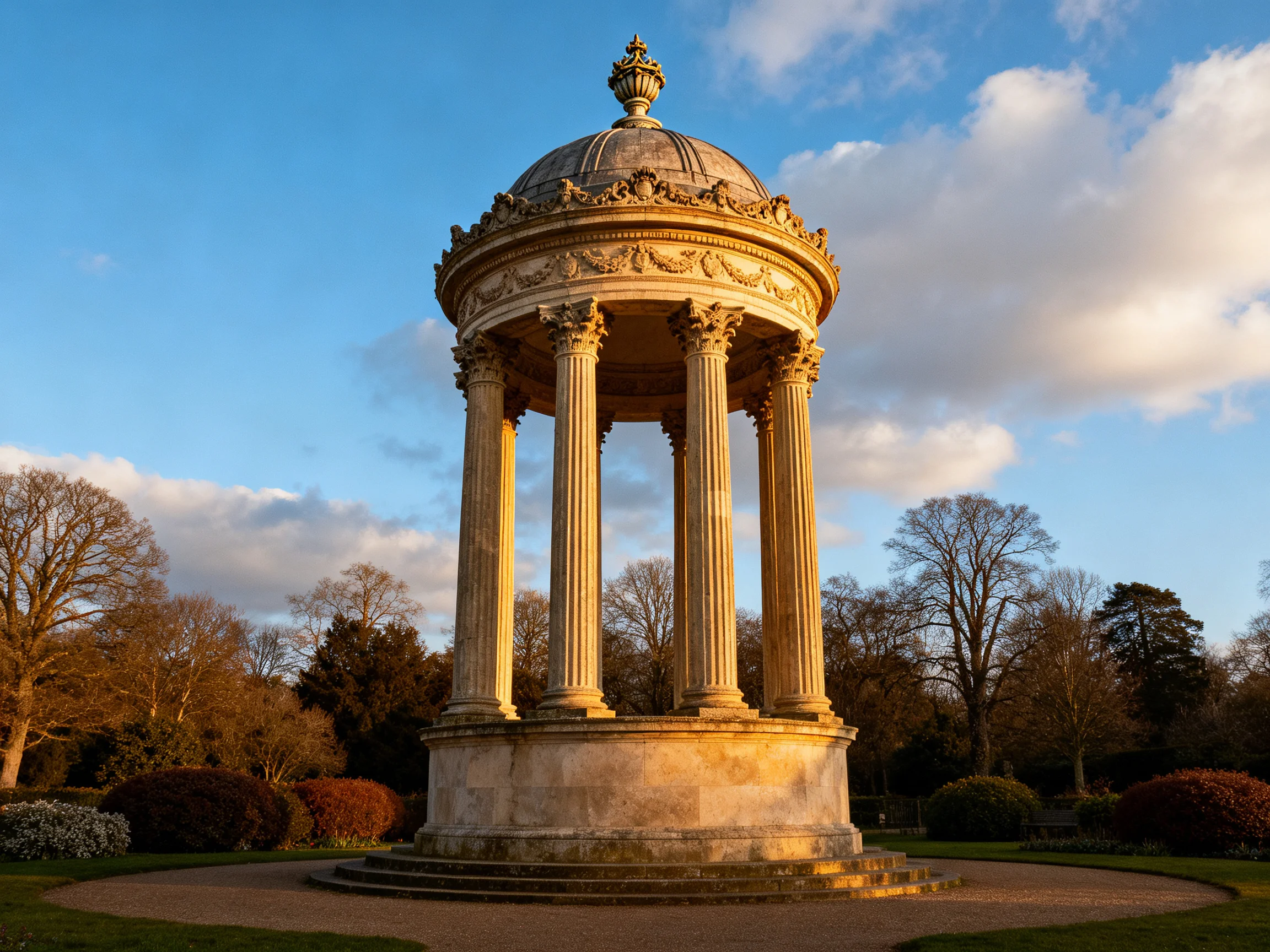 An ornate stone gazebo with columns in a landscaped garden