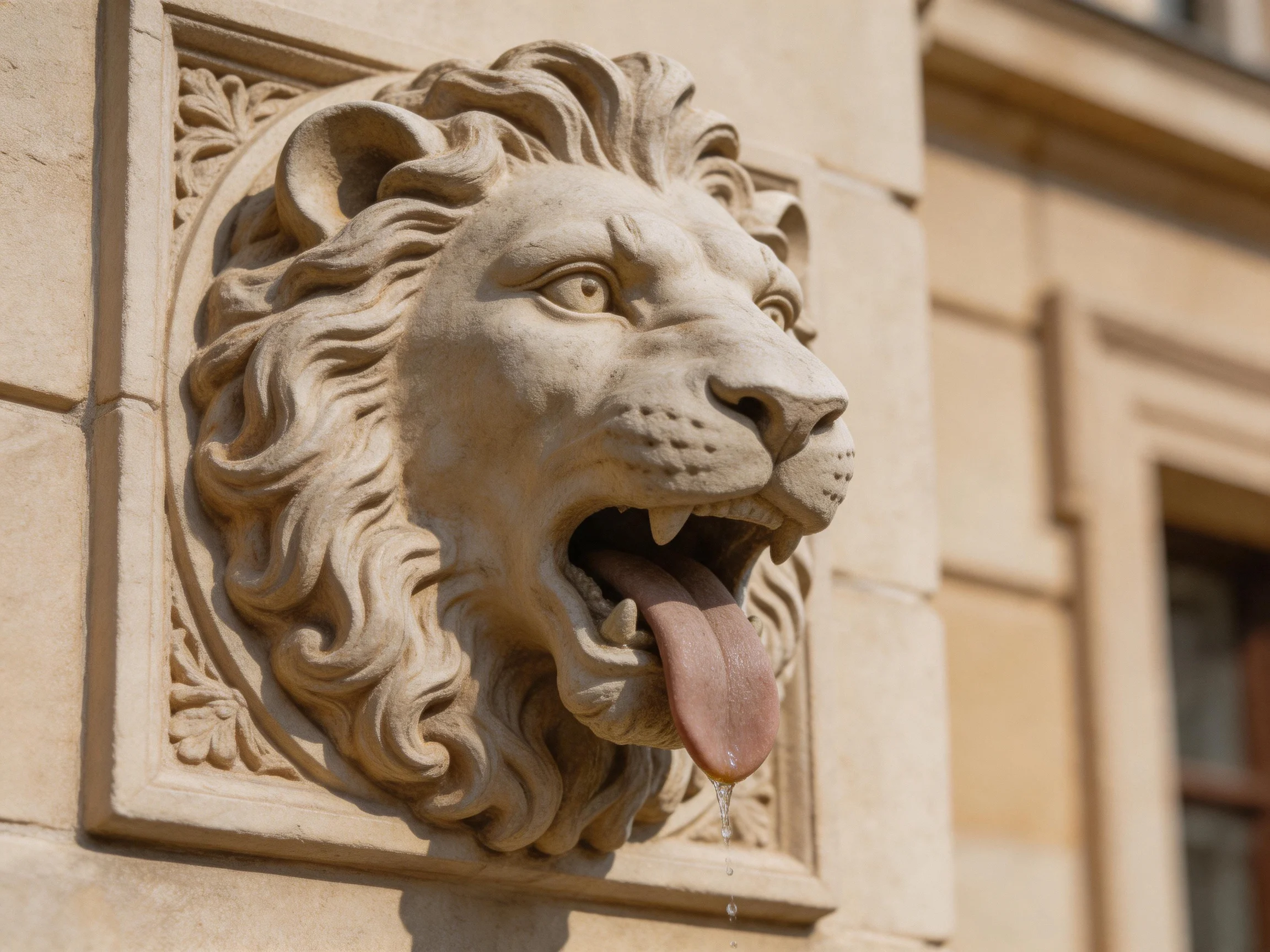 An ornate stone lion head sculpture with open mouth and tongue on a building facade