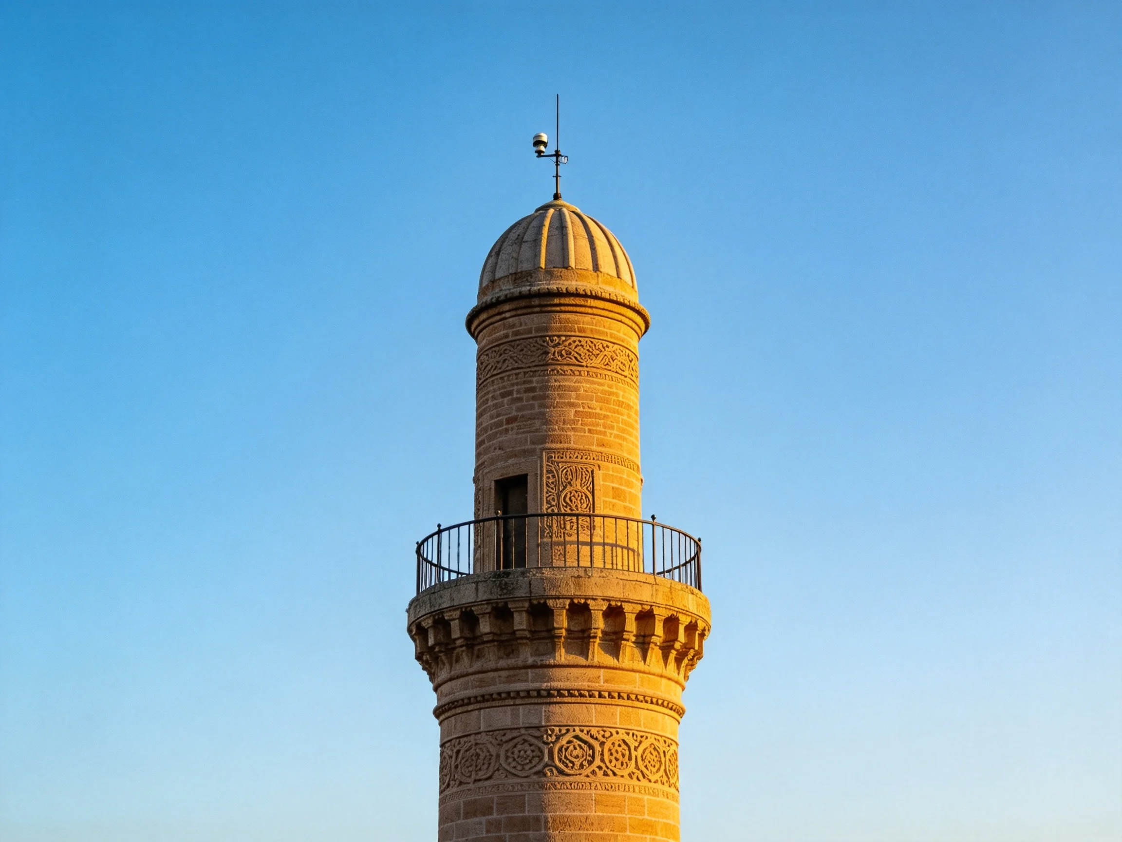 An ornate stone minaret with intricate carvings under a clear blue sky