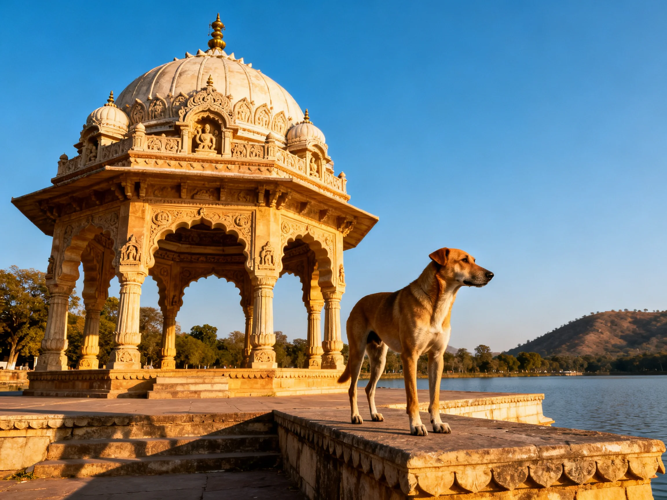 An ornate stone pavilion near a tranquil lake with a tan dog
