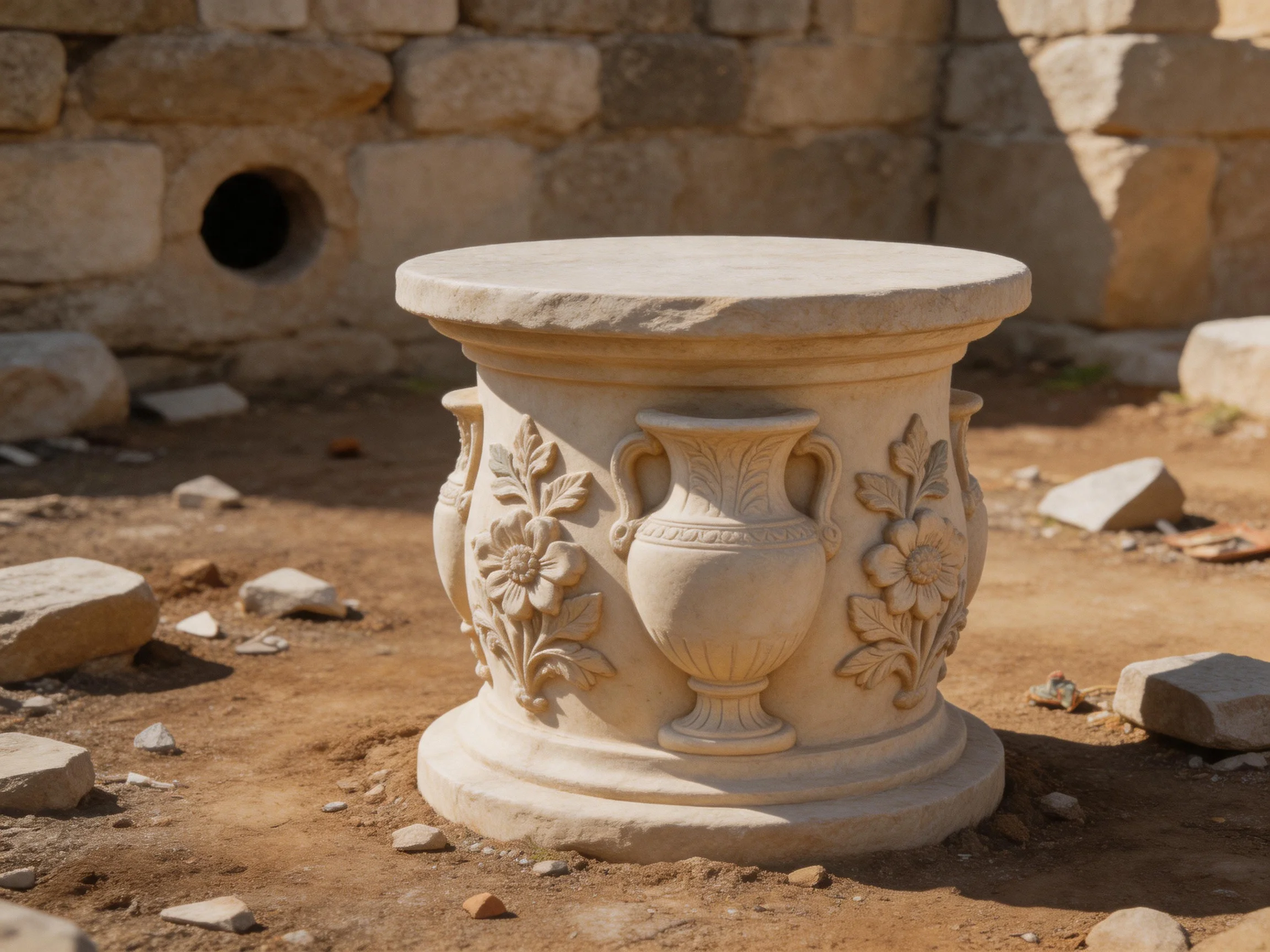 An ornate stone pedestal with carved flowers and vases near ancient ruins