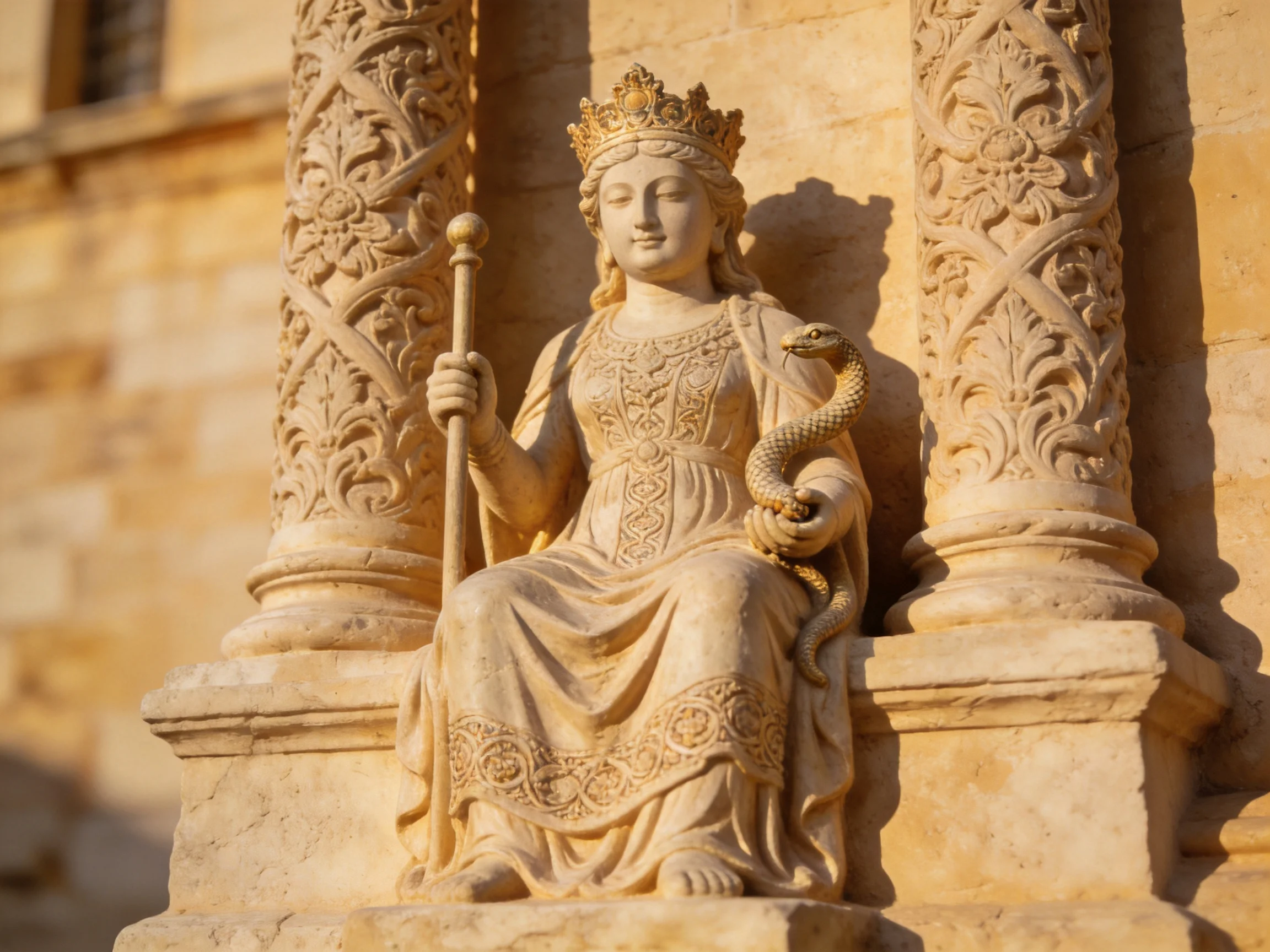 An ornate stone statue of a crowned woman with a snake and scepter