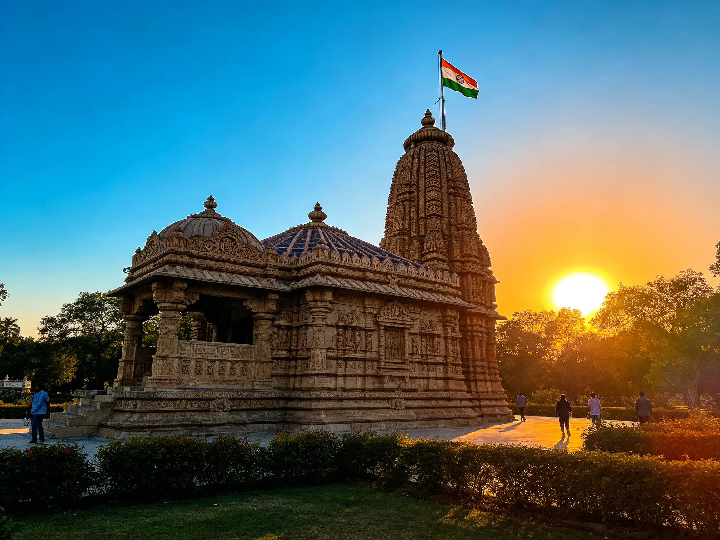 An ornate stone temple with an Indian flag under golden sunset light