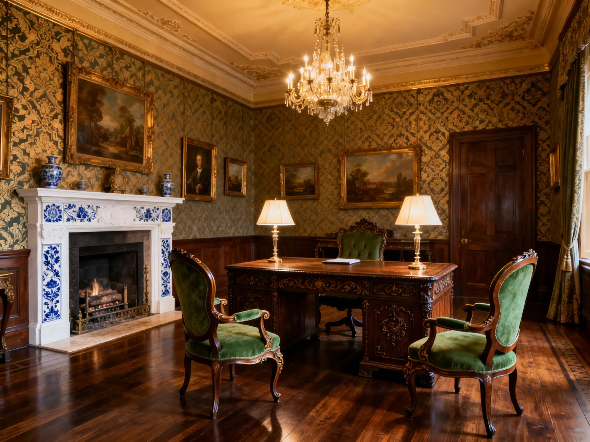 An ornate study room with green upholstered chairs and a wooden desk