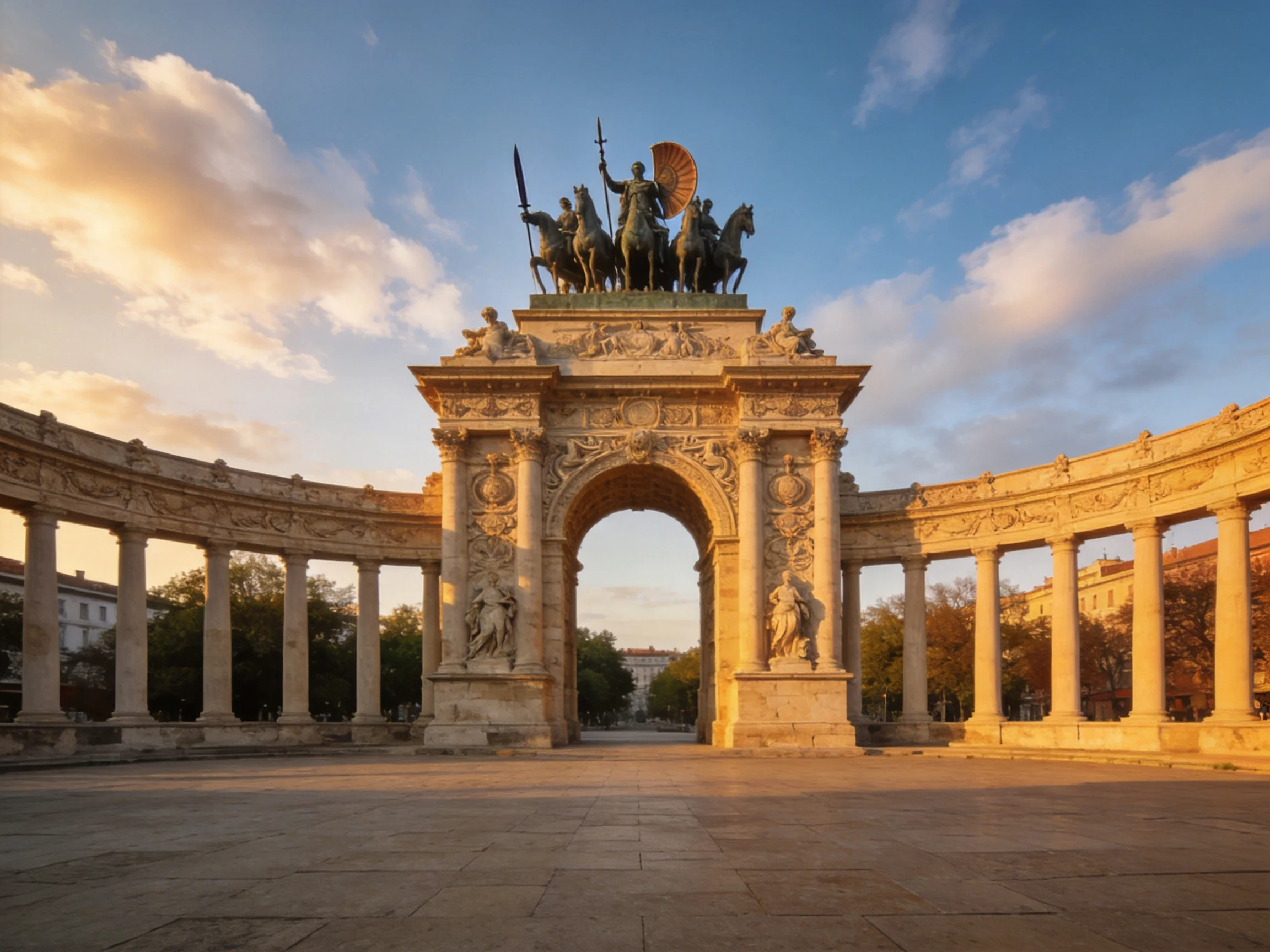 An ornate triumphal arch with bronze statues and stone columns