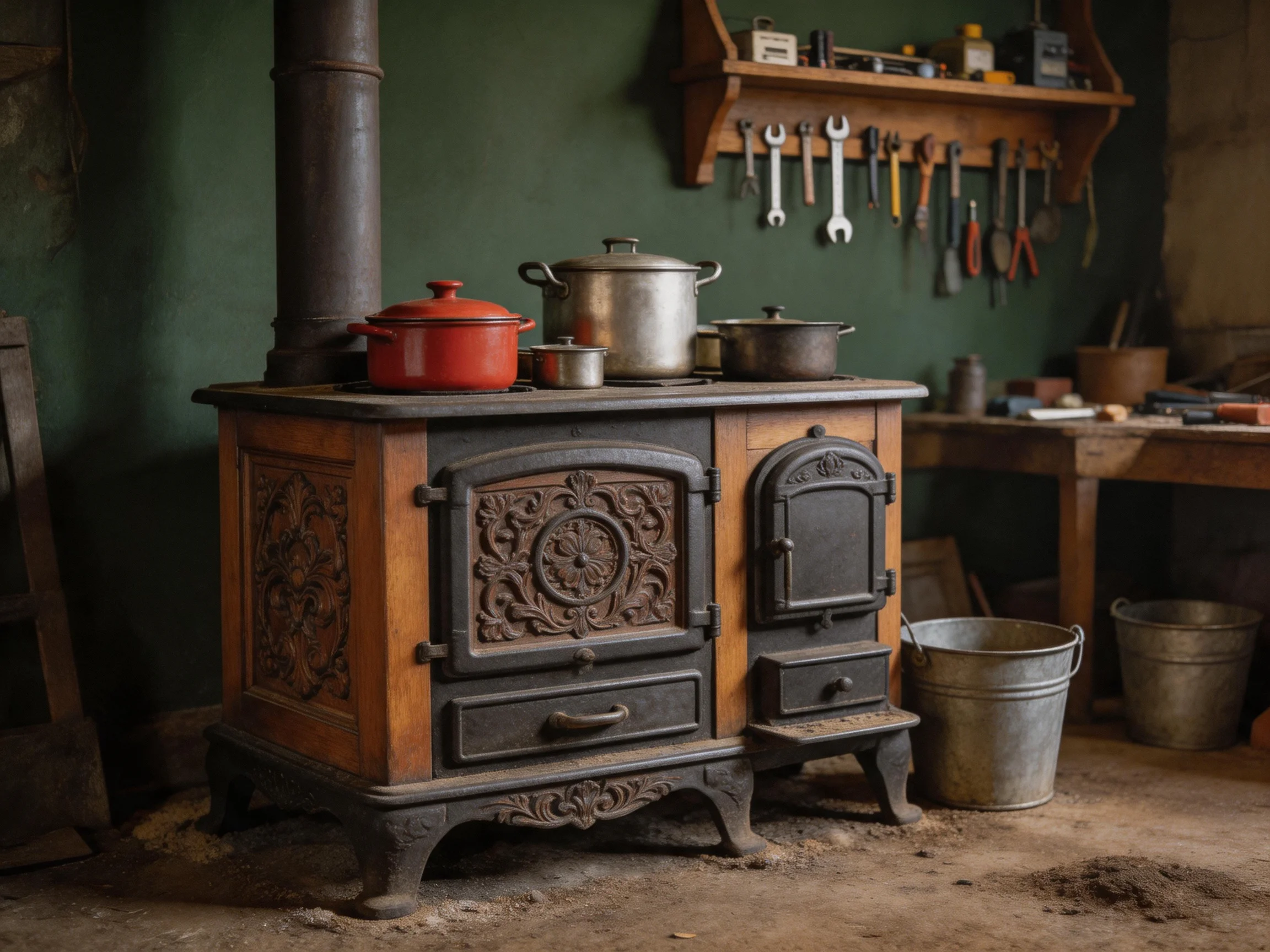 An ornate vintage wood stove with colorful cookware in an aged workshop
