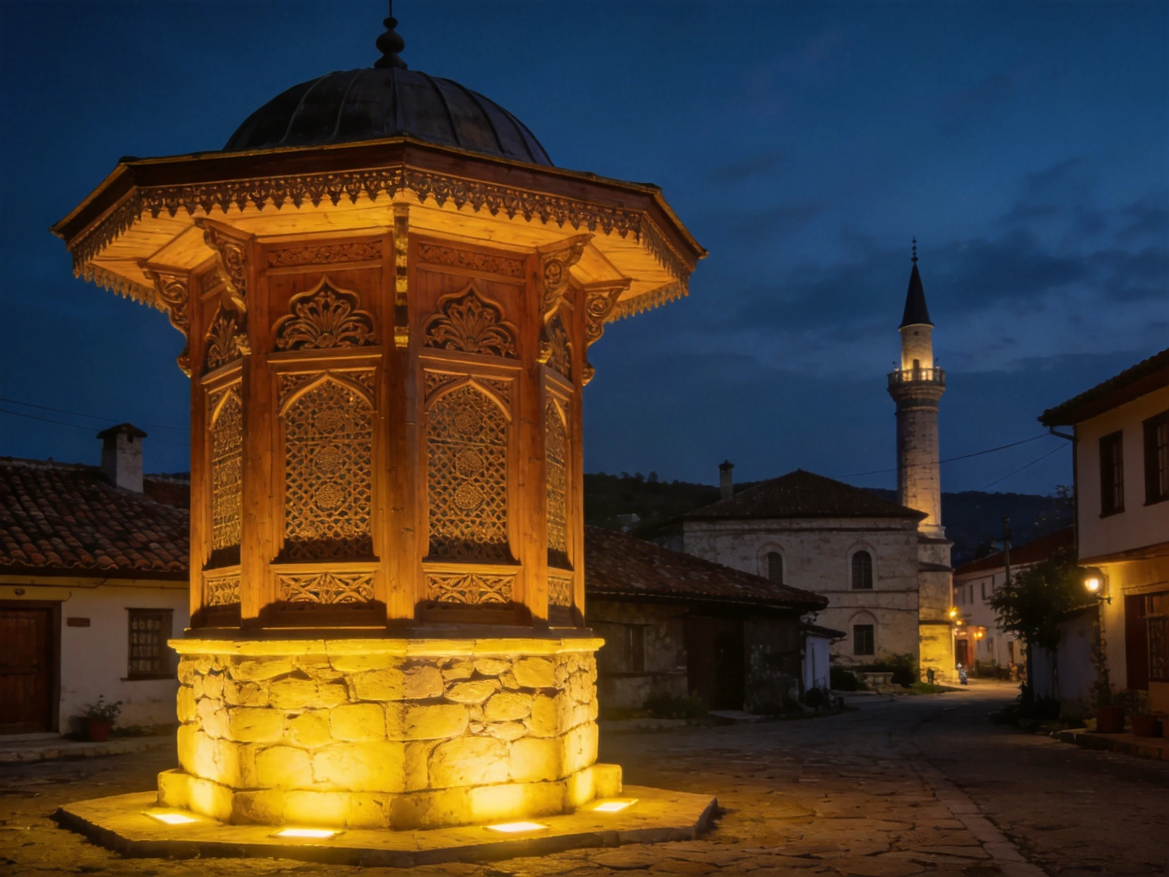 An ornately carved wooden fountain glows under twilight near a tall minaret
