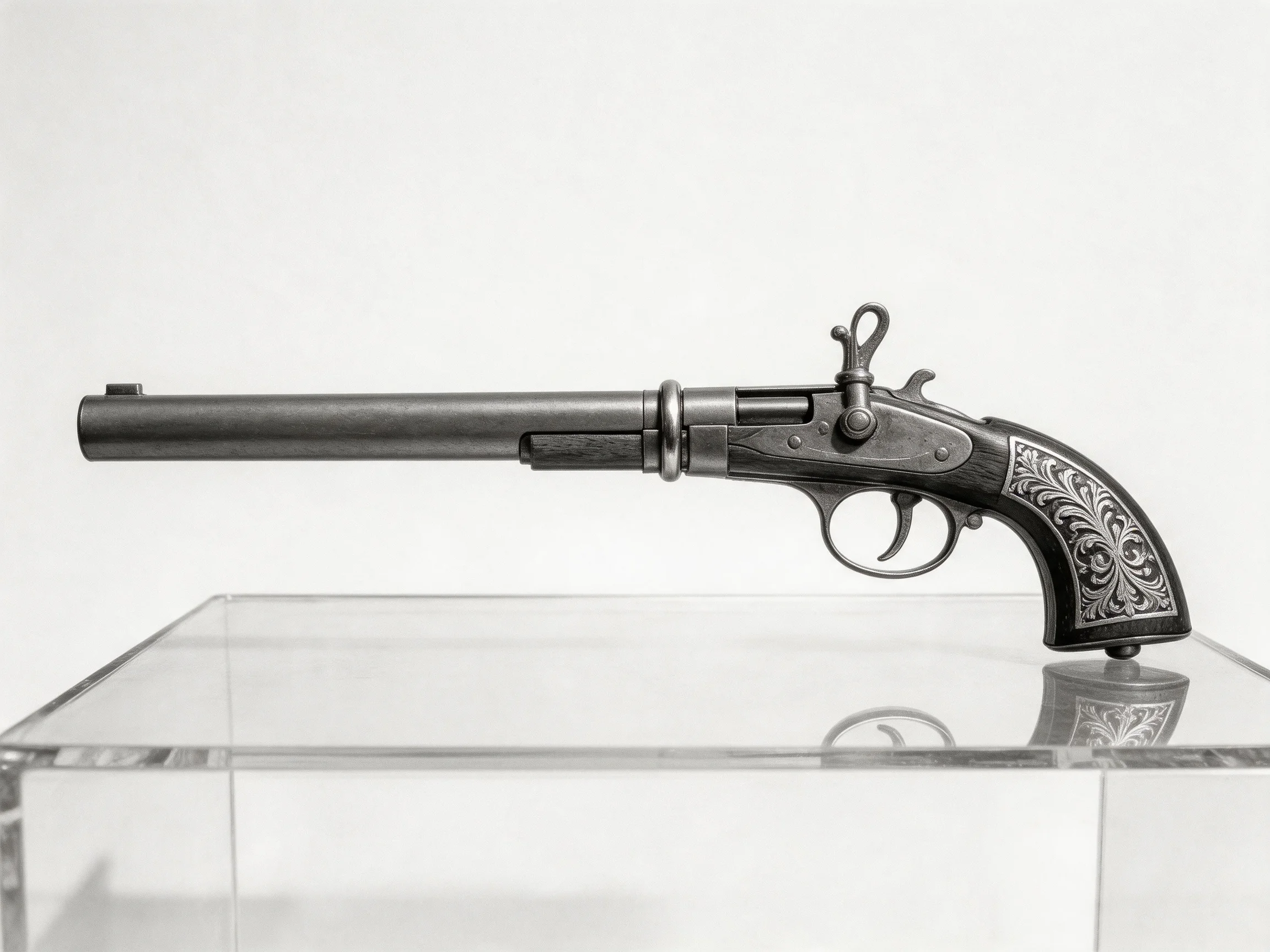 An ornately engraved vintage flintlock pistol on display